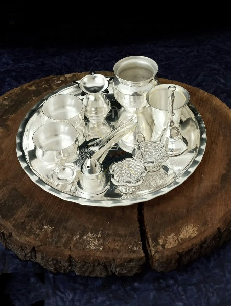 German Silver pooja thali combo set of 10 pieces for housewarming/Diwali festival
