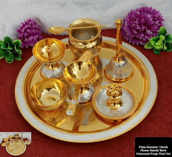 Silver Plated Dual Color Pooja thali Set