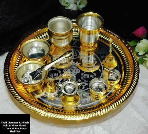 Dual Tone Silver and Golden Plated Pooja thali Set