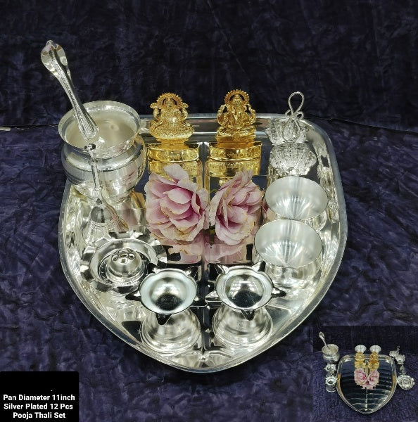Silver leaf shape pooja thali combo set for housewarming