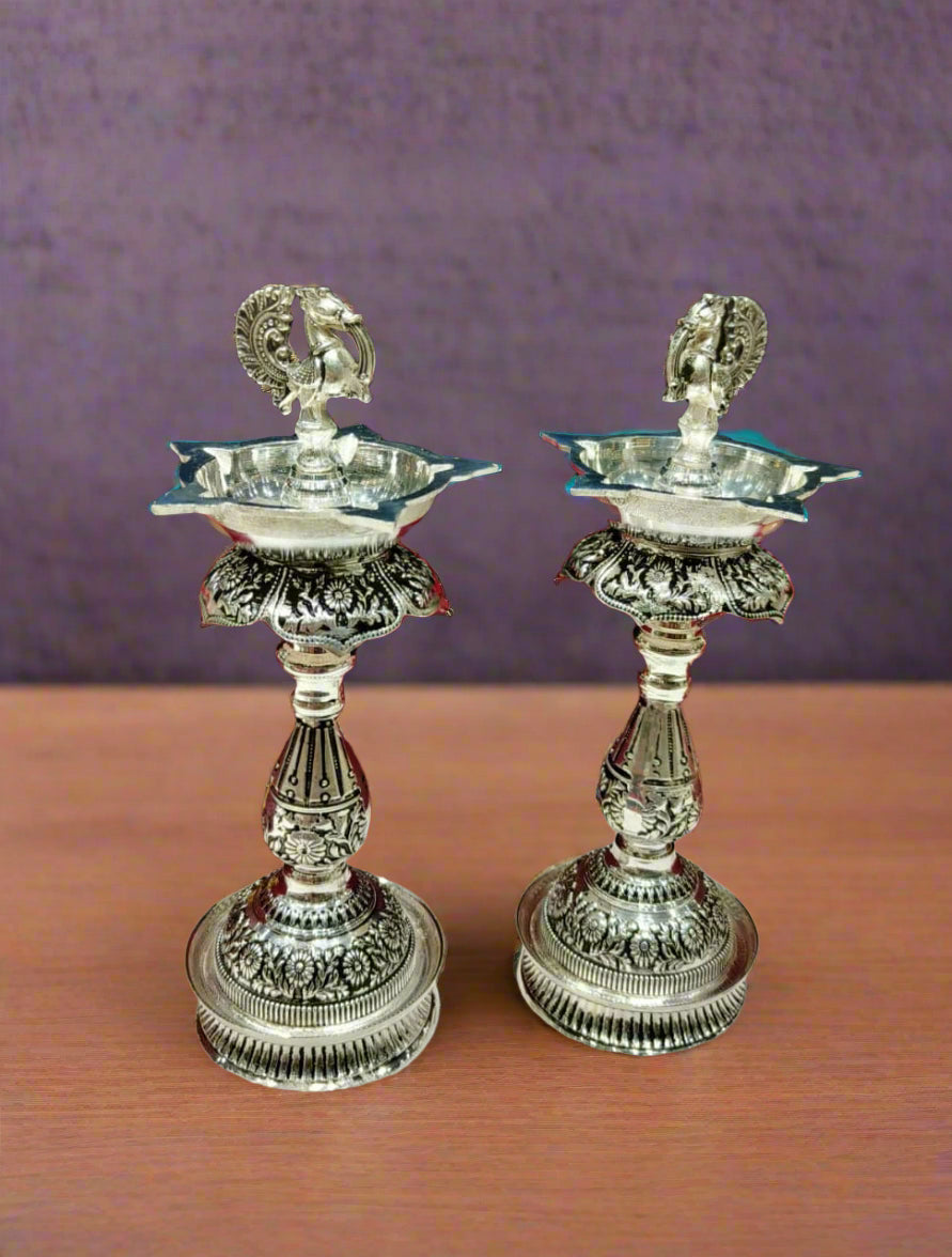 Antique Silver Plated peacock diya/ Samai Pair for housewarming/ diwali with gift box