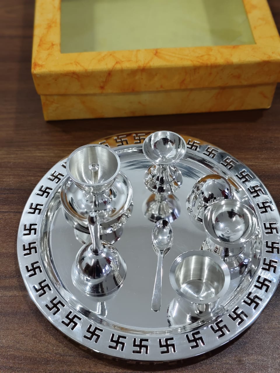 german silver pooja thali set of 8 pieces for home pooja/ diwali/ housewarming