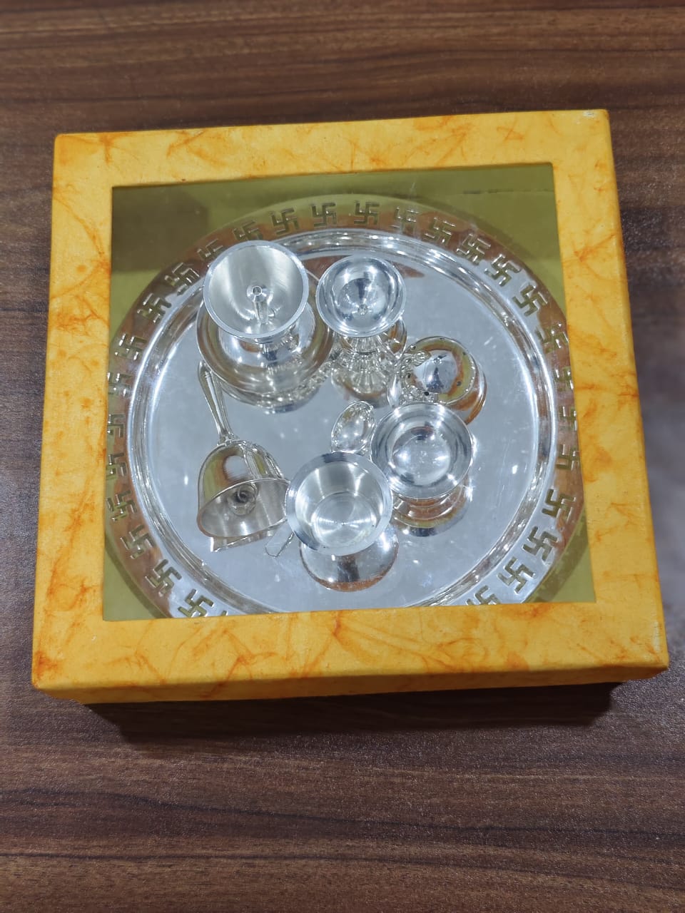 german silver pooja thali set of 8 pieces for home pooja/ diwali/ housewarming
