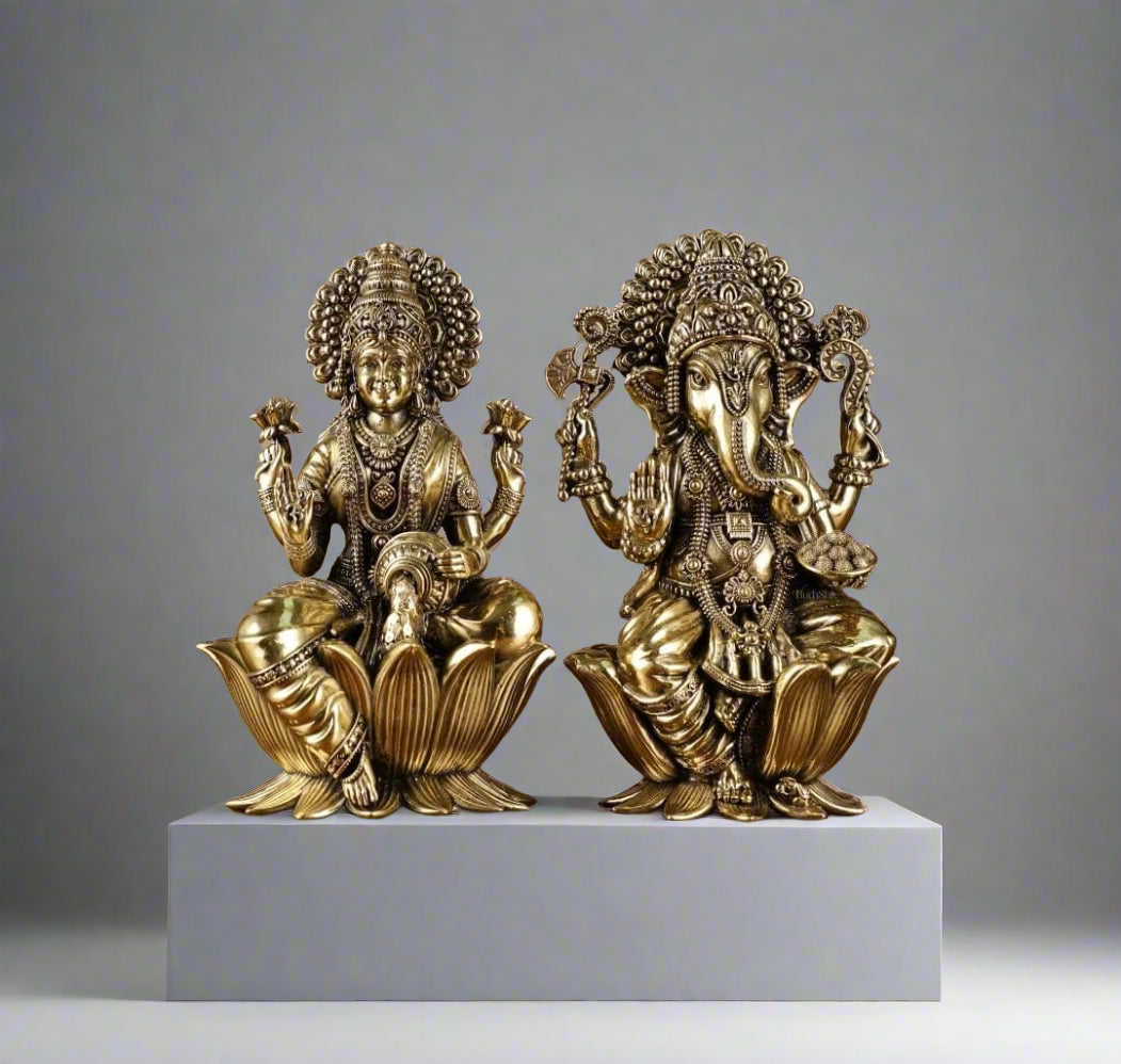 Brass Lakshmi Ganesh Idol – Handcrafted Miniature for Home Temple, Office Decor & Auspicious Gifting