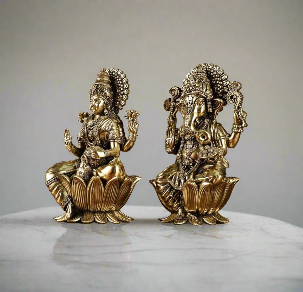 Brass Lakshmi Ganesh Idol – Handcrafted Miniature for Home Temple, Office Decor & Auspicious Gifting