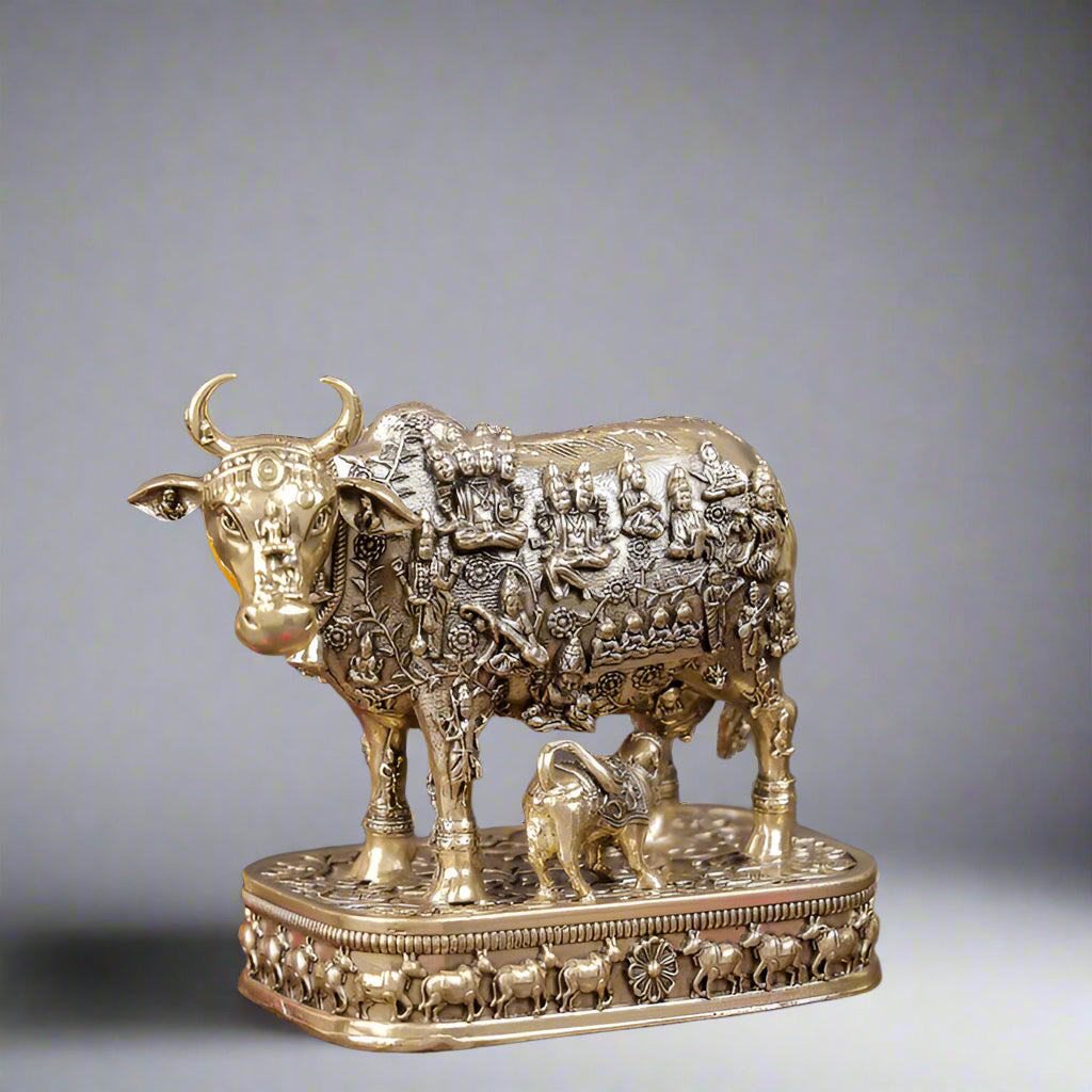 4" Brass Kamadhenu Cow with Engraved God and Goddess for home/ office