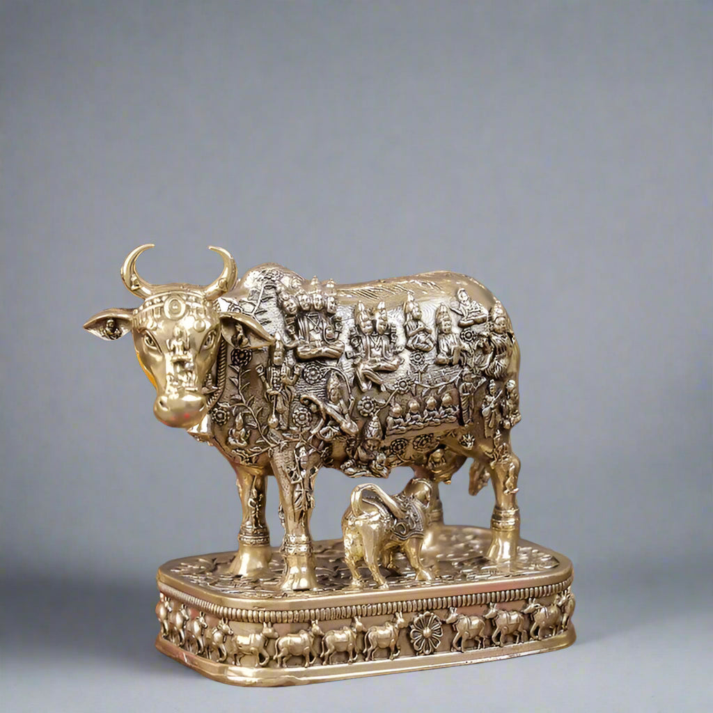 4" Brass Kamadhenu Cow with Engraved God and Goddess for home/ office