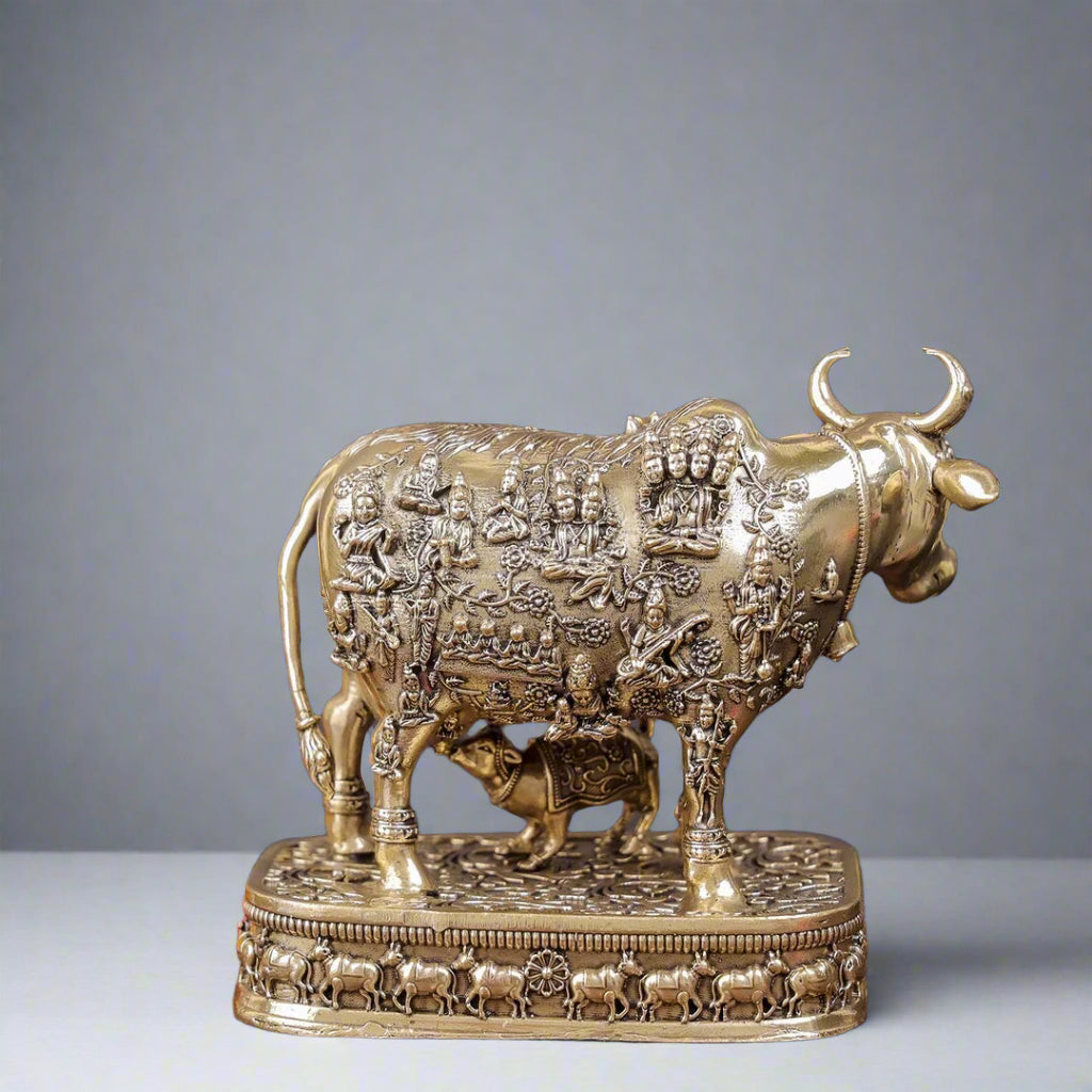 4" Brass Kamadhenu Cow with Engraved God and Goddess for home/ office