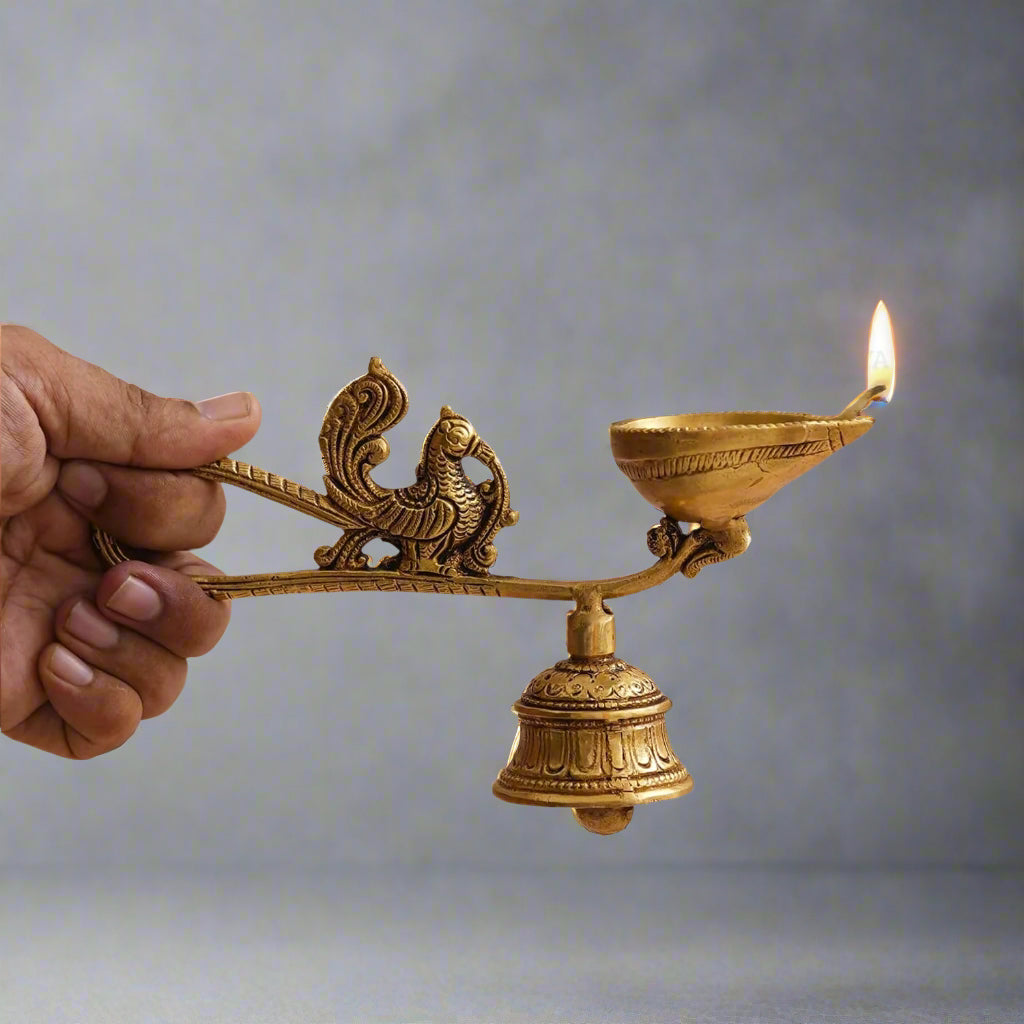Brass 4.5 Inch Peacock Shape Bell Diya for Daily Pooja Mor Design Deepak for Mandir Temple Aarti