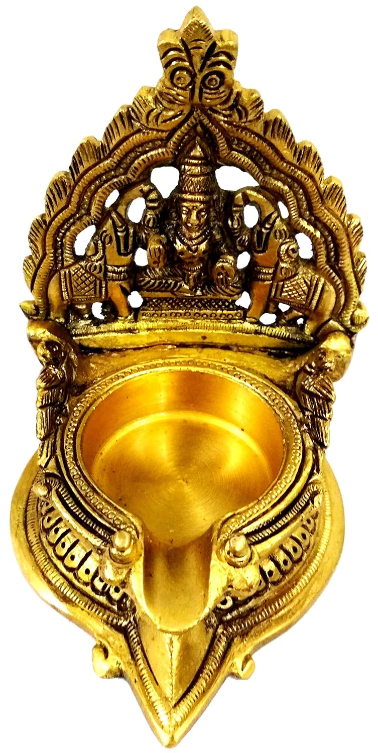 Brass Gajalakshmi Diya – Divine Oil Lamp of Prosperity | Lakshmi with Elephants | Auspicious Pooja Deepam for Temple