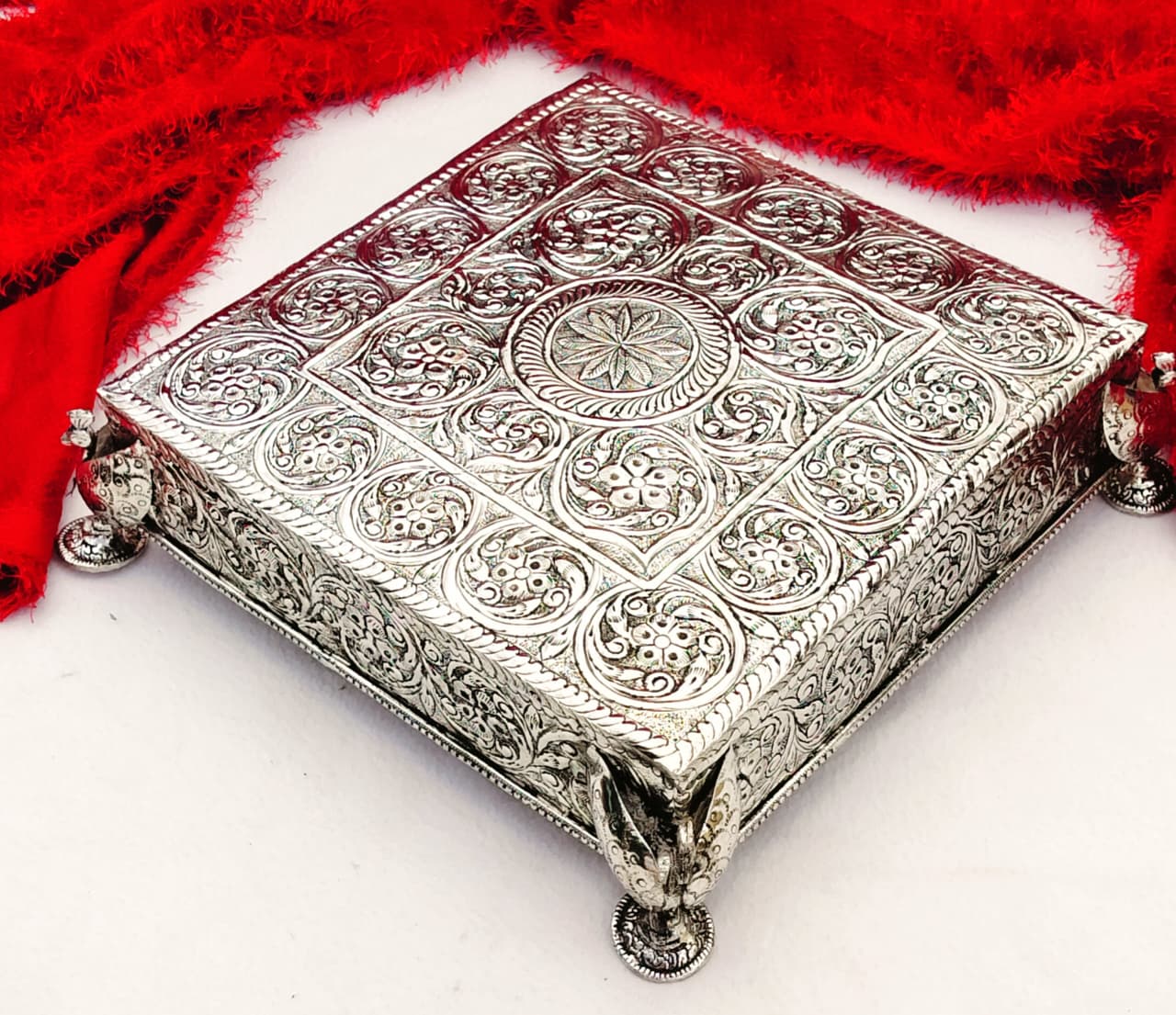 Antique finish German silver square chowki/ singhasan/ stool for housewarming pooja/ diwali