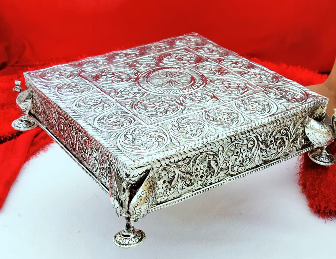 Antique finish German silver square chowki/ singhasan/ stool for housewarming pooja/ diwali