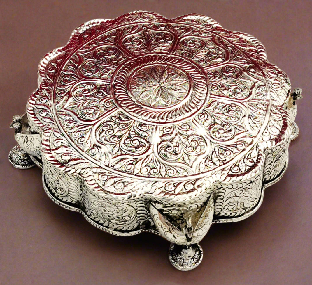 Antique finish German silver Round flower chowki/ stool/ singhasan