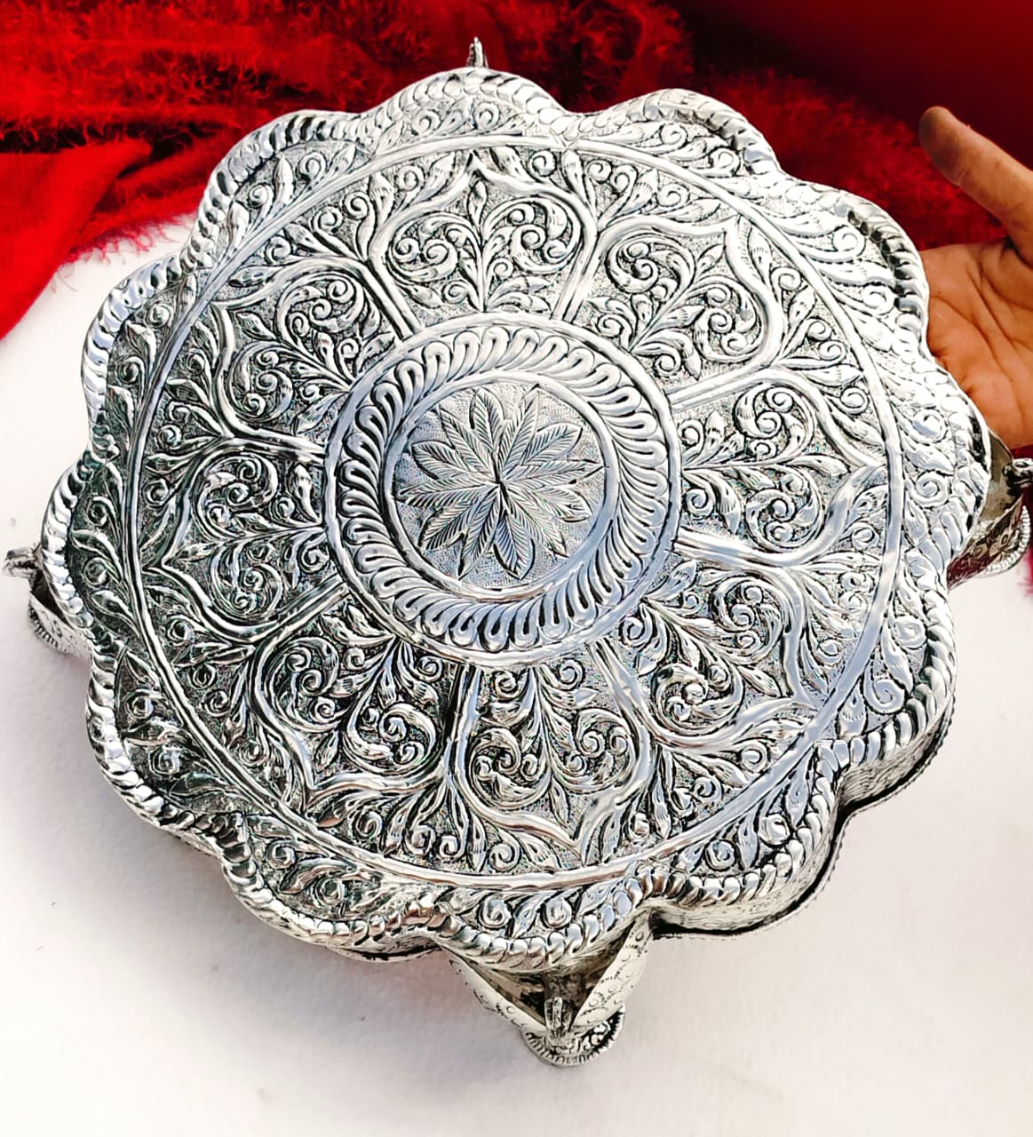 Antique finish German silver Round flower chowki/ stool/ singhasan