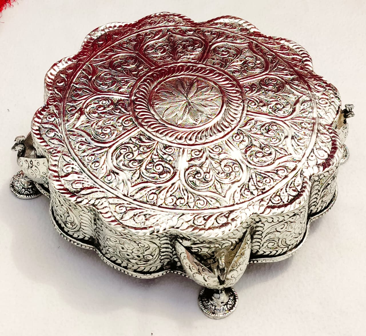 Antique finish German silver Round flower chowki/ stool/ singhasan