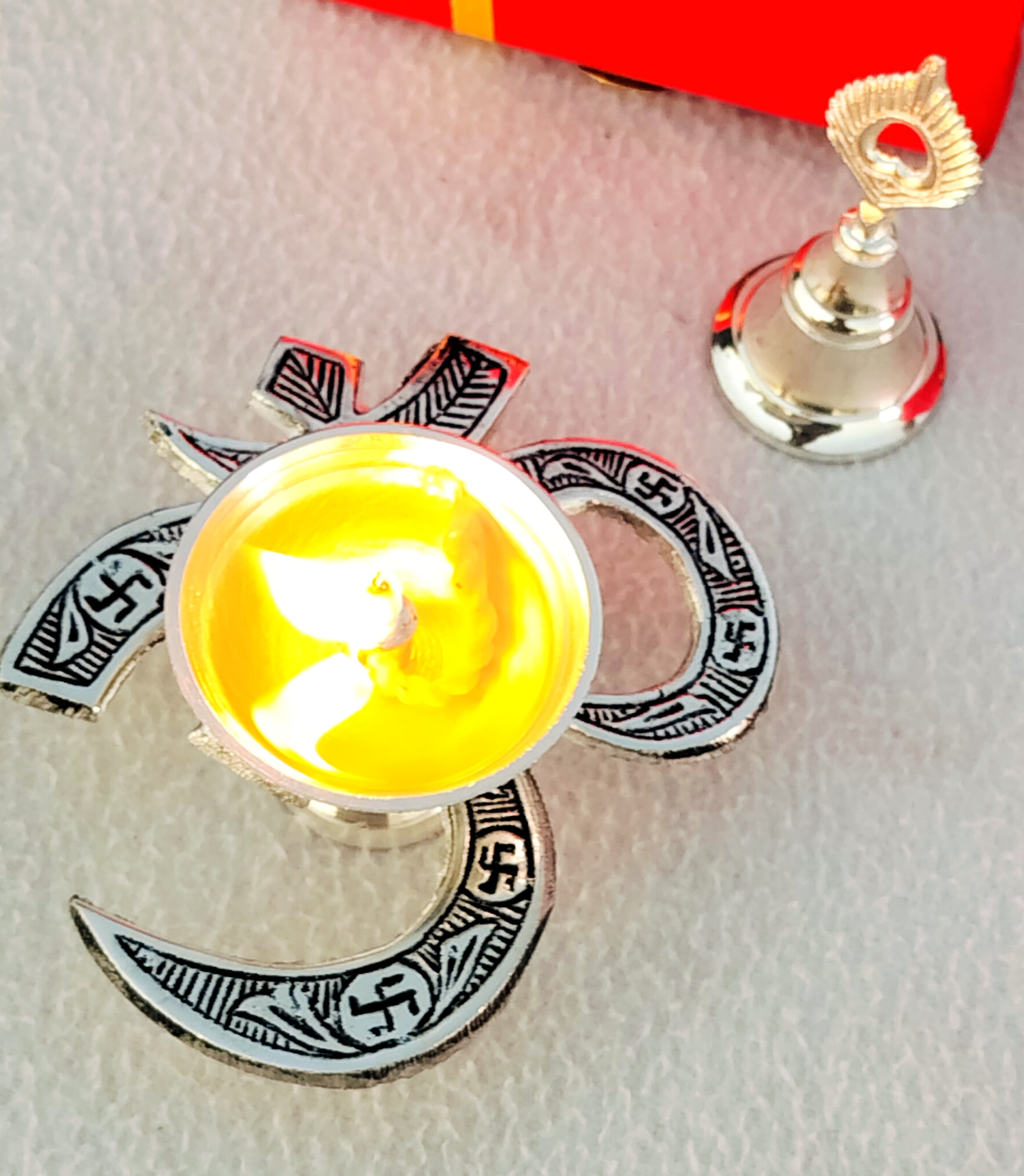 German silver Om design diya with bell 5 sets  for give away/ diwali in velvet box