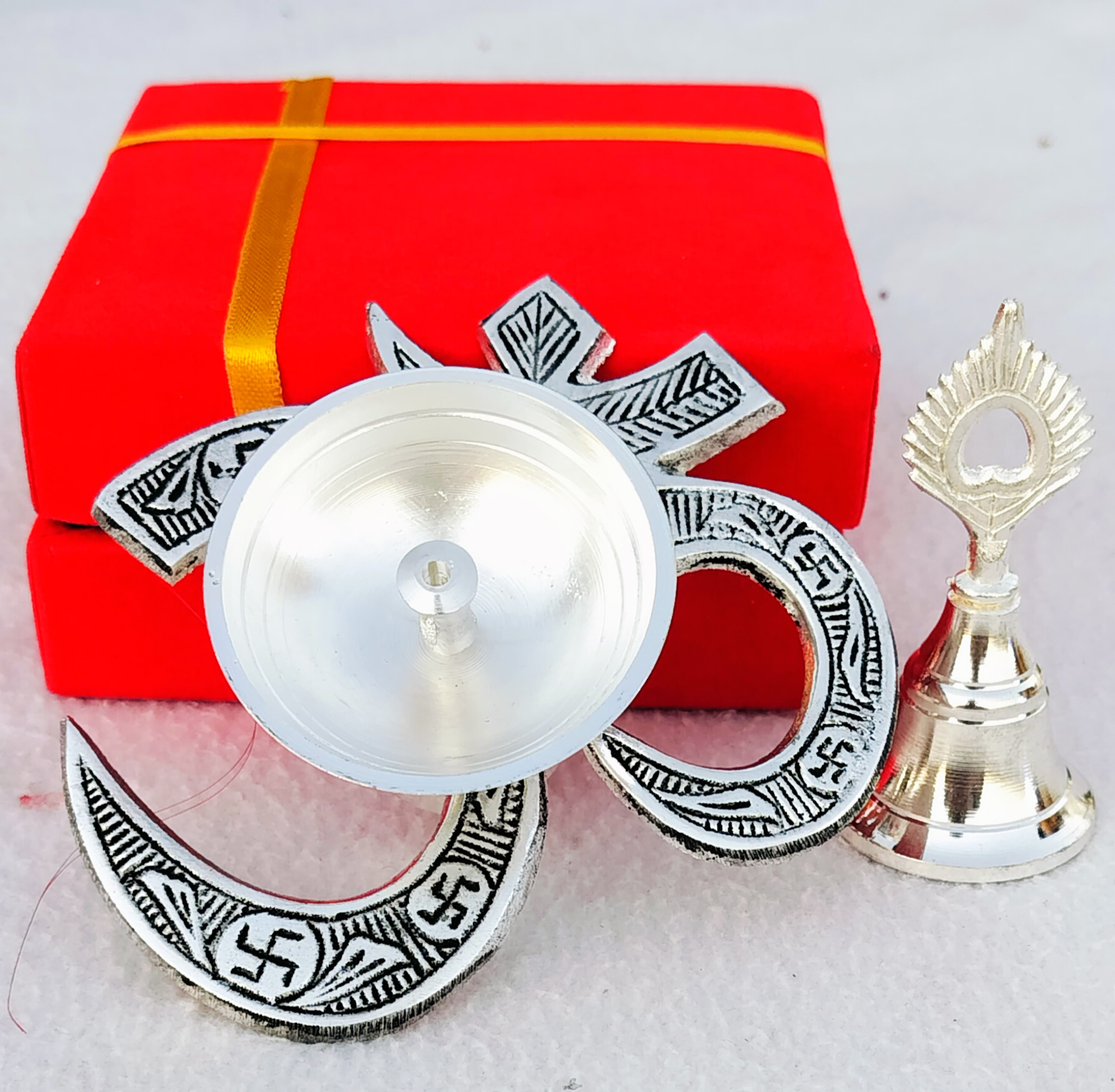 German silver Om design diya with bell 5 sets  for give away/ diwali in velvet box