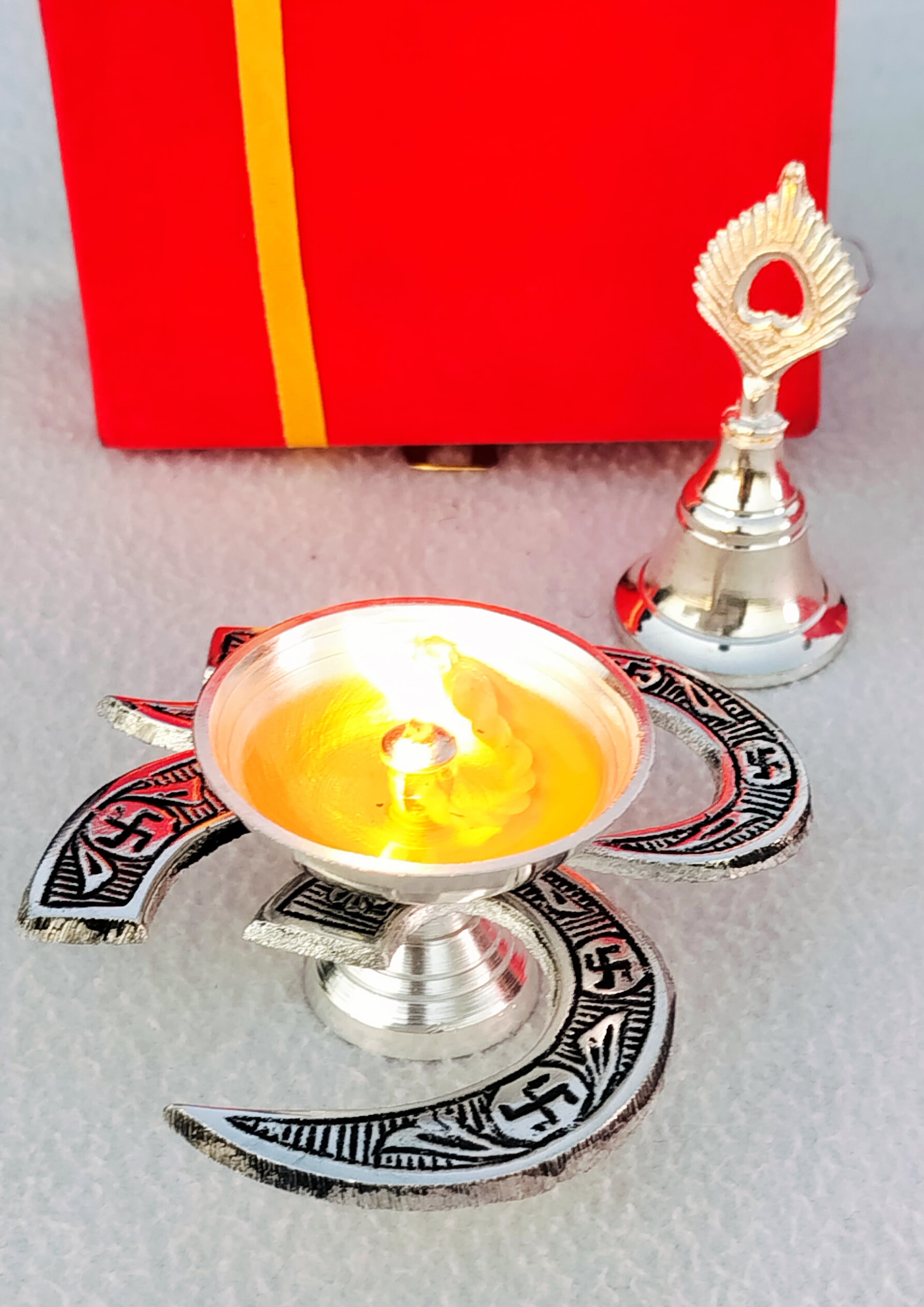 German silver Om design diya with bell 5 sets  for give away/ diwali in velvet box