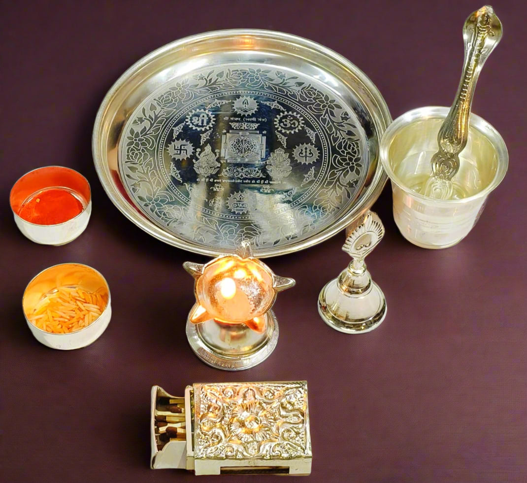 German silver small pooja thali set for housewarming/ diwali pooja