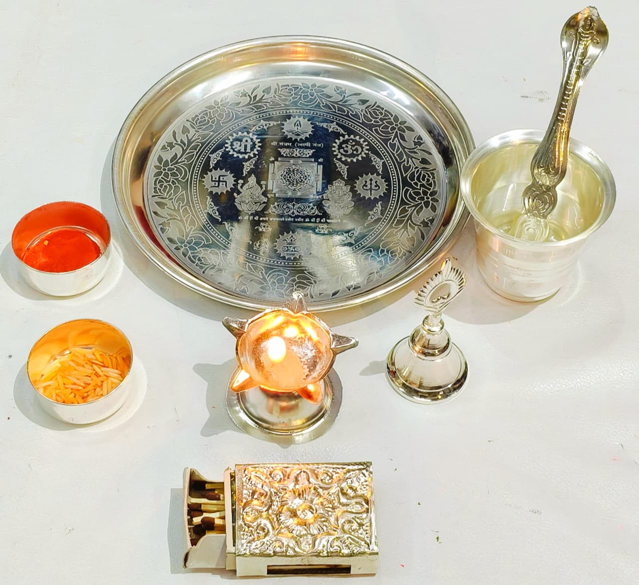 German silver small pooja thali set for housewarming/ diwali pooja