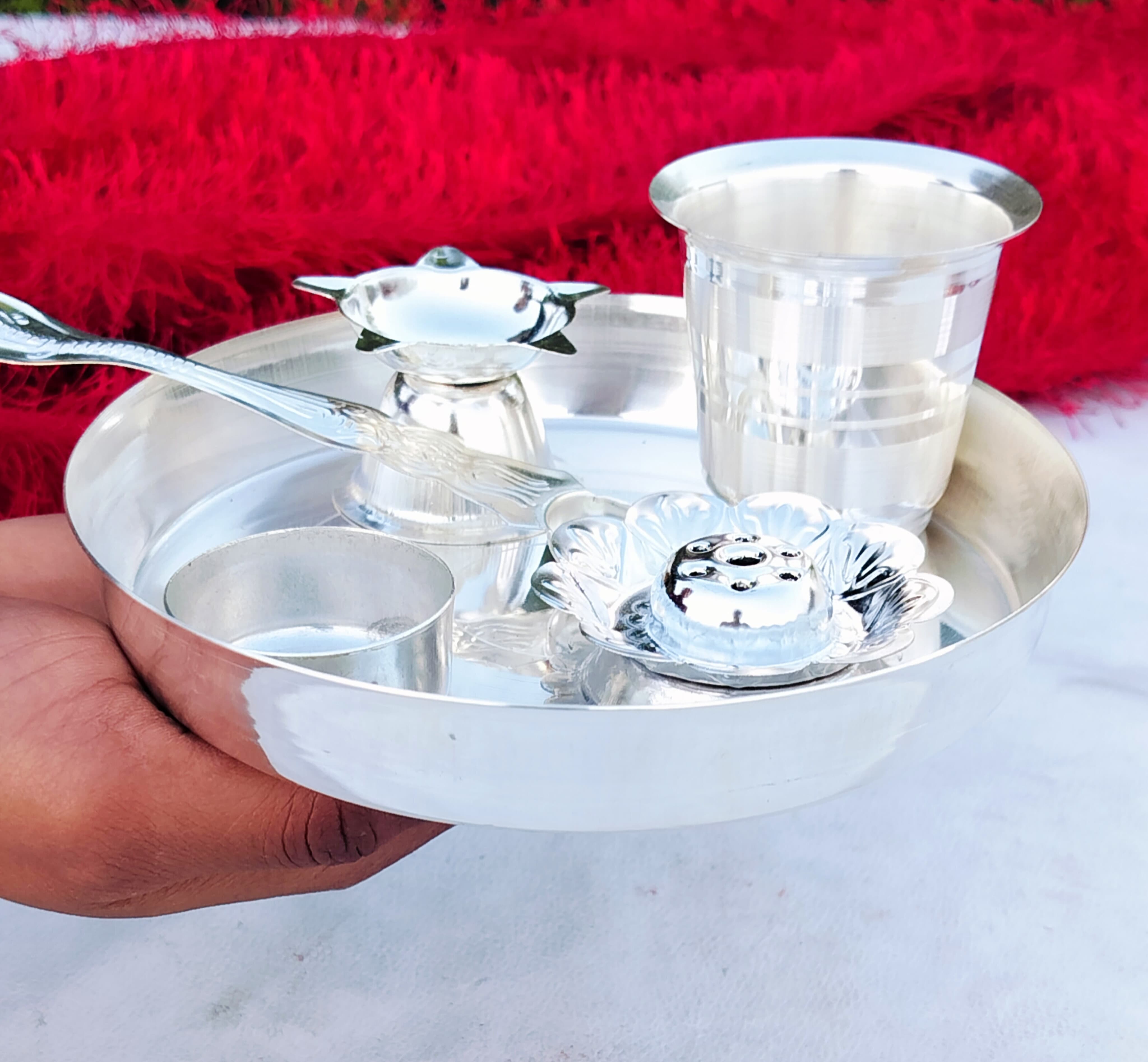 German silver small pooja thali set of 6 pieces for housewarming/ diwali pooja