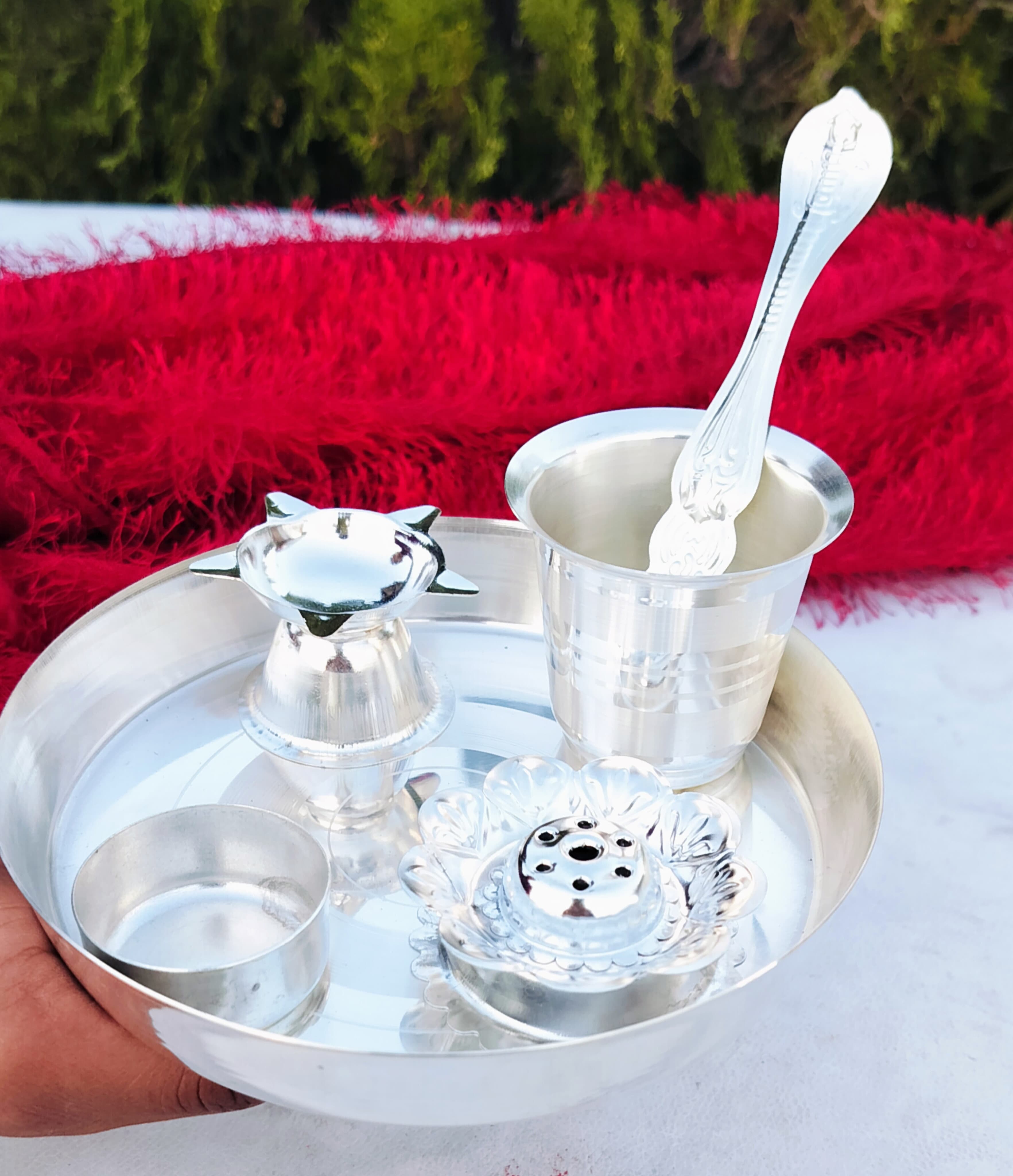 German silver small pooja thali set of 6 pieces for housewarming/ diwali pooja