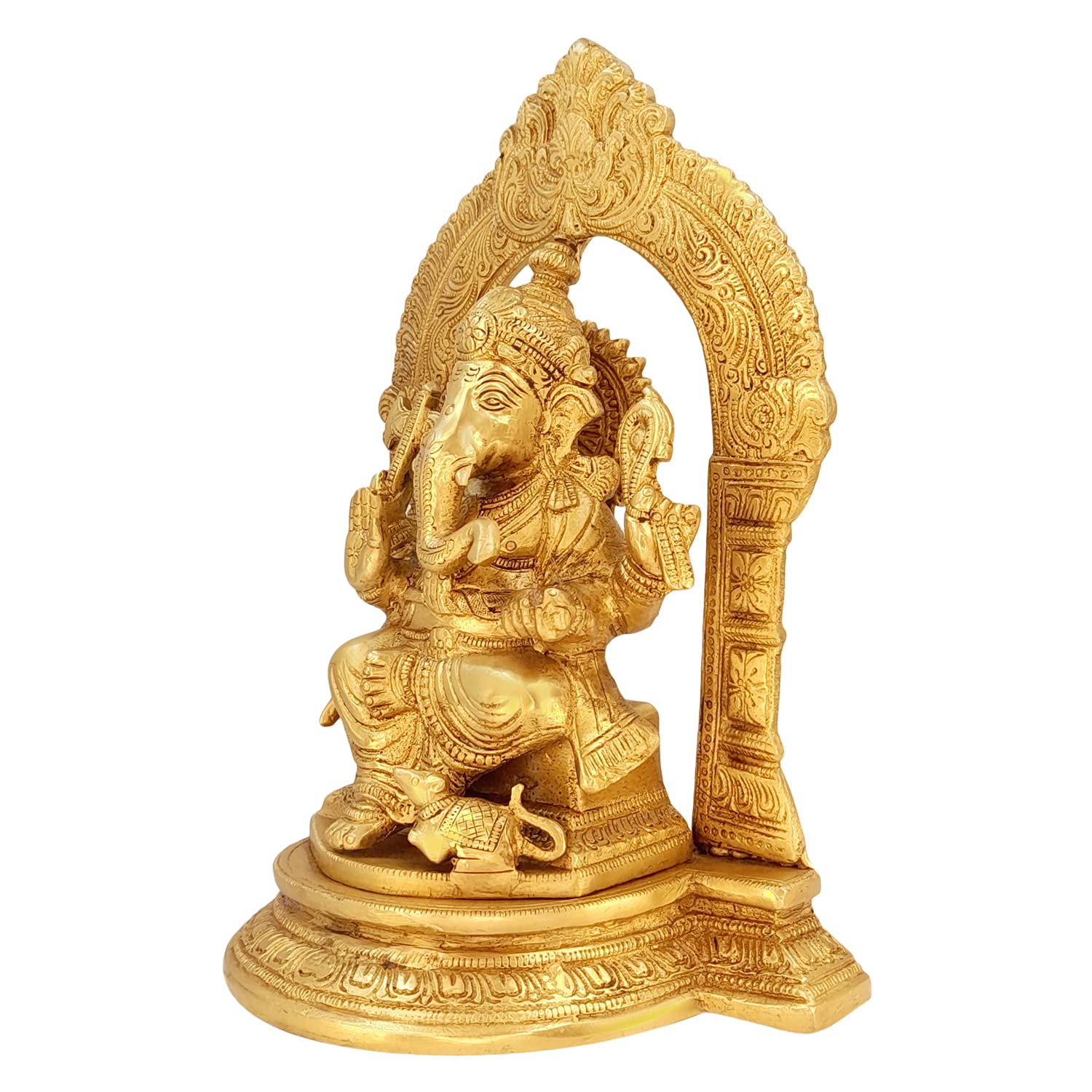 Brass Ganesh Idol Sitting on a sing Hasan with mushak/Rat Statue