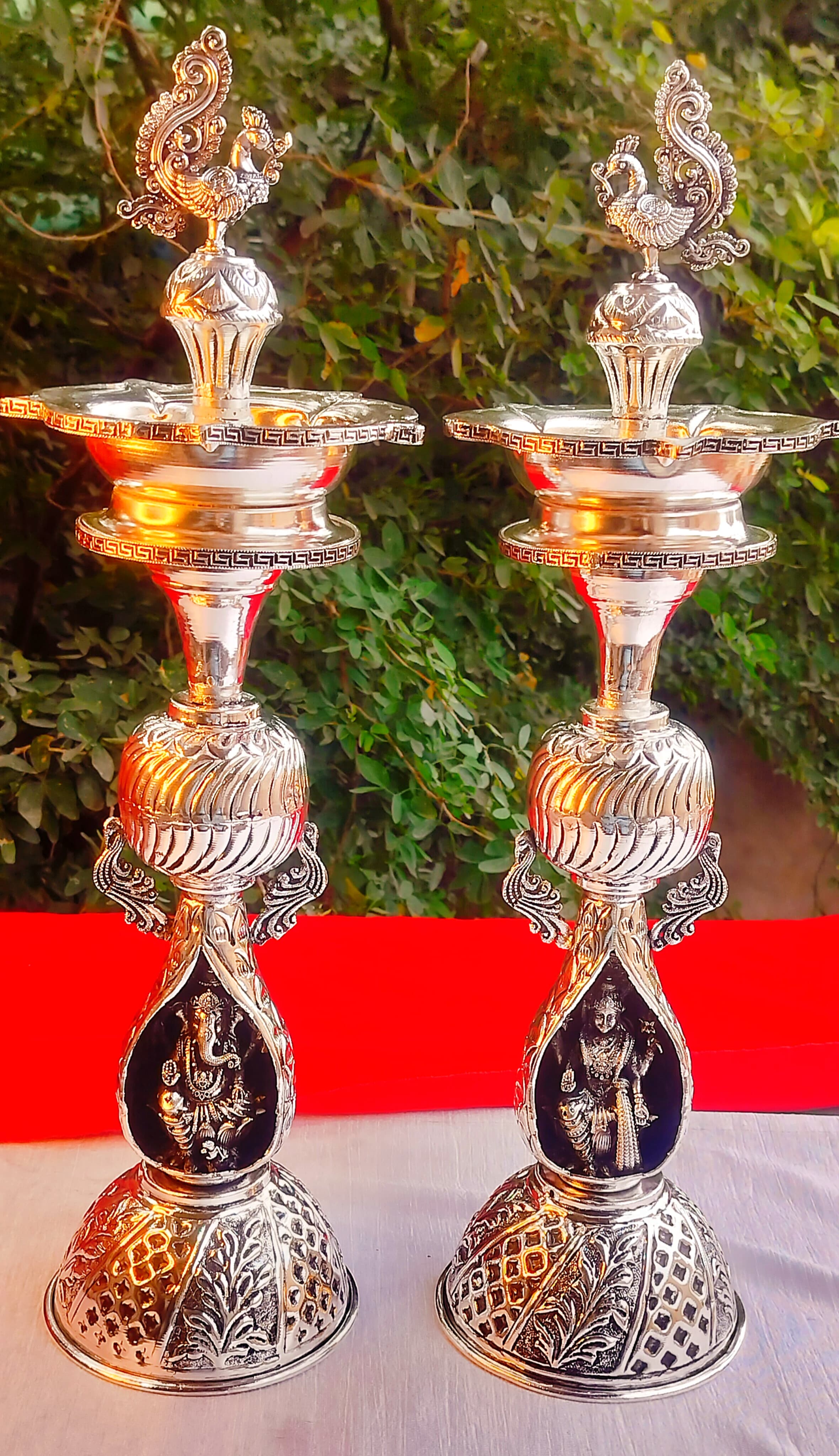 German Silver Peacock Diya Pair with Lakshmi Ganesh Set for House Warming Part/Gift Item/Diwali/New Year/Home Decor