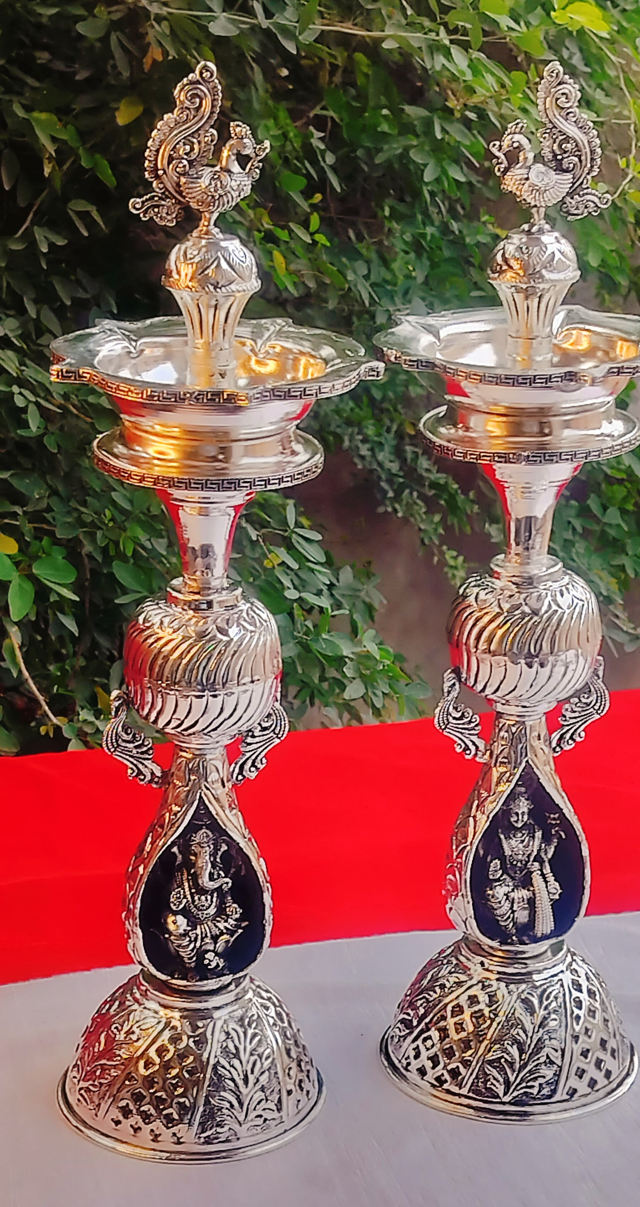 German Silver Peacock Diya Pair with Lakshmi Ganesh Set for House Warming Part/Gift Item/Diwali/New Year/Home Decor