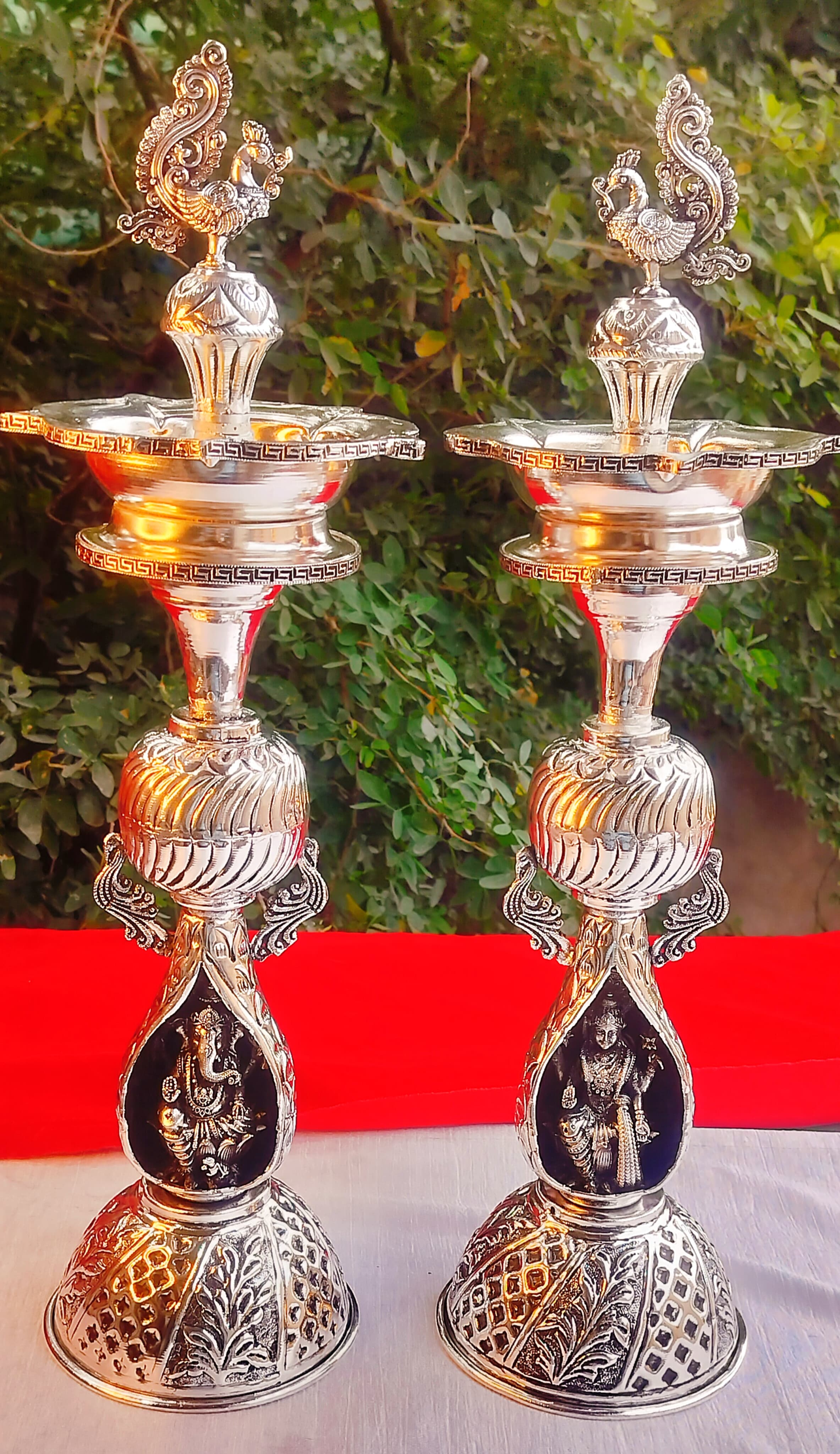 German Silver Peacock Diya Pair with Lakshmi Ganesh Set for House Warming Part/Gift Item/Diwali/New Year/Home Decor