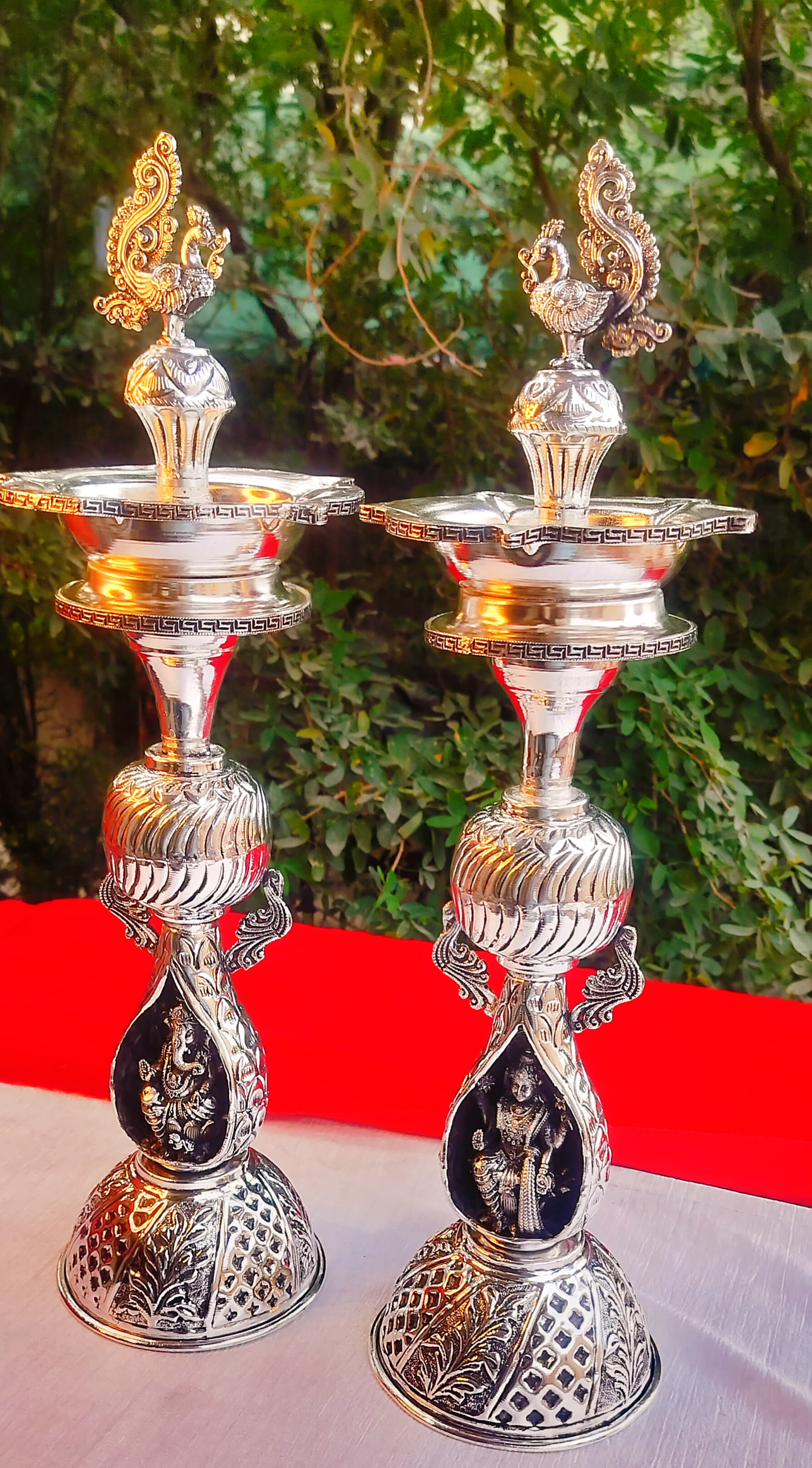 German Silver Peacock Diya Pair with Lakshmi Ganesh Set for House Warming Part/Gift Item/Diwali/New Year/Home Decor