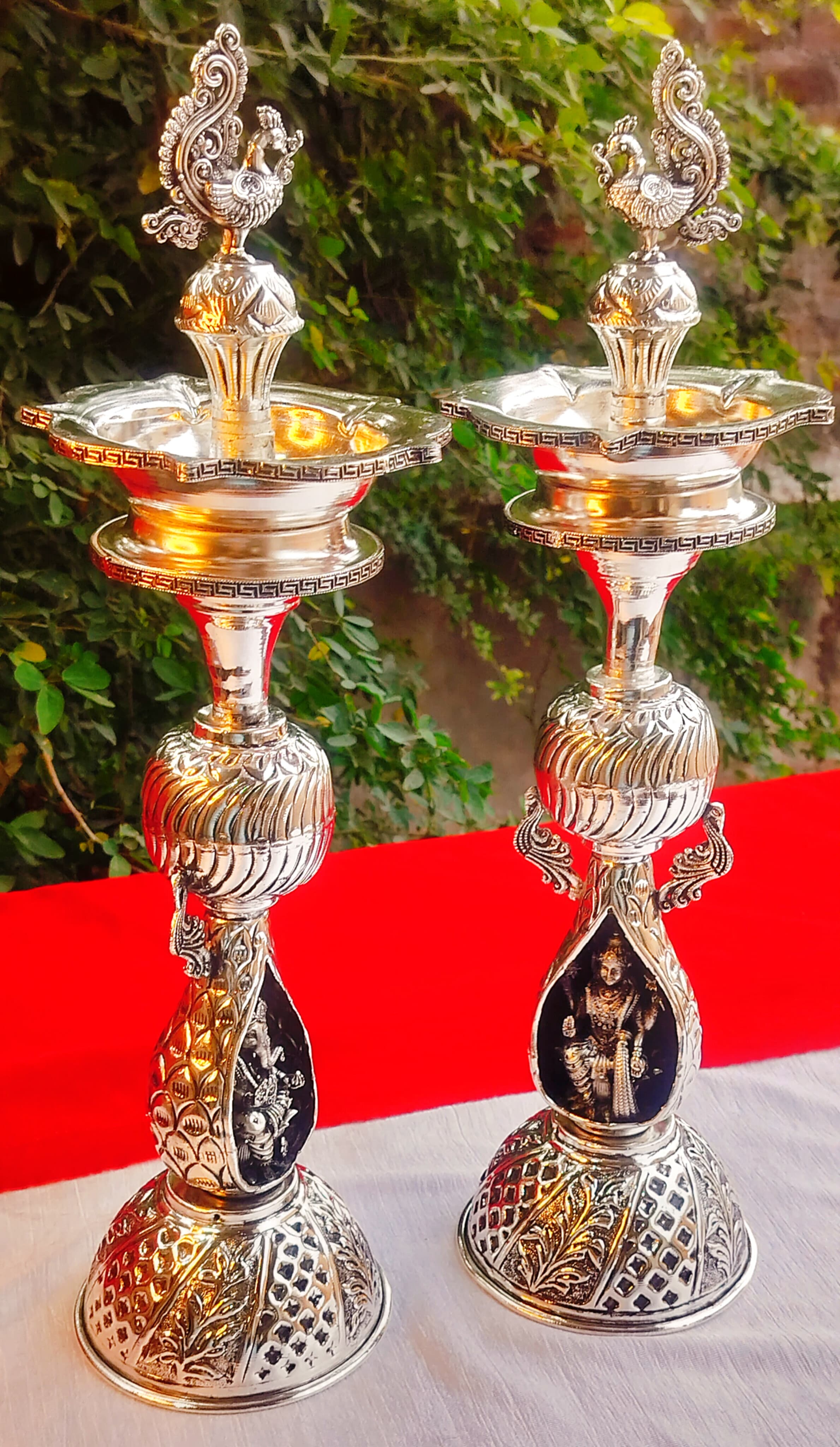 German Silver Peacock Diya Pair with Lakshmi Ganesh Set for House Warming Part/Gift Item/Diwali/New Year/Home Decor