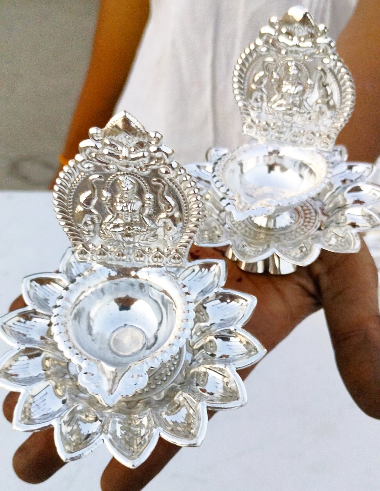 German Silver Lotus Laxmi Diya with Stand Set of 10 Pieces