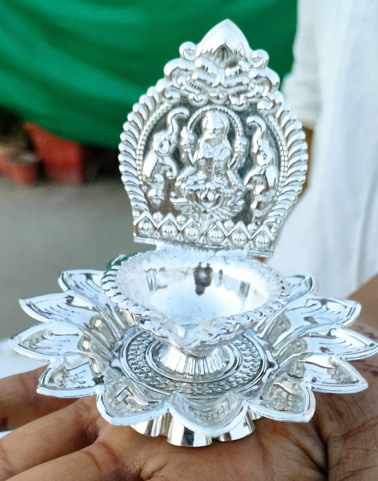German Silver Lotus Laxmi Diya with Stand Set of 10 Pieces