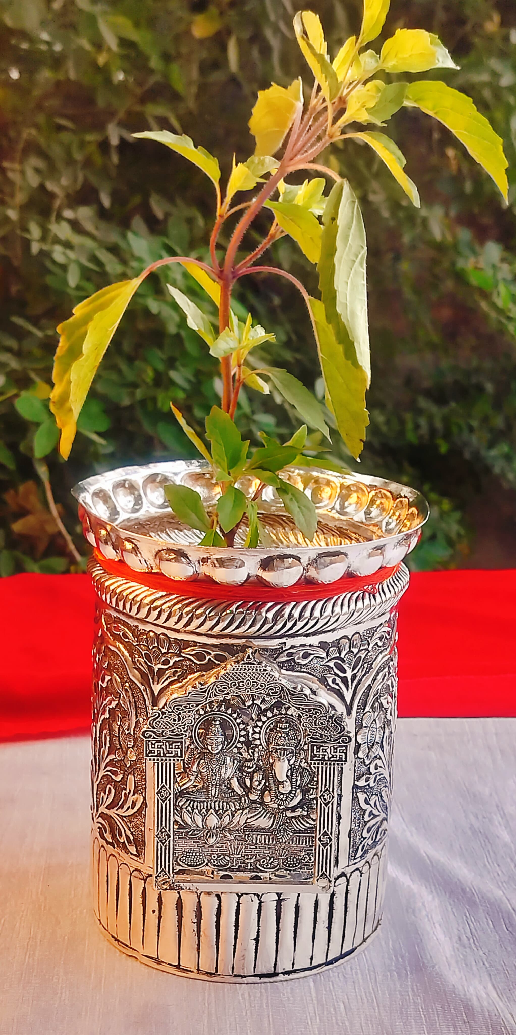 German Silver Laxmi Ganesh with Arch Embossed Round tulsi Pot for Home Decor