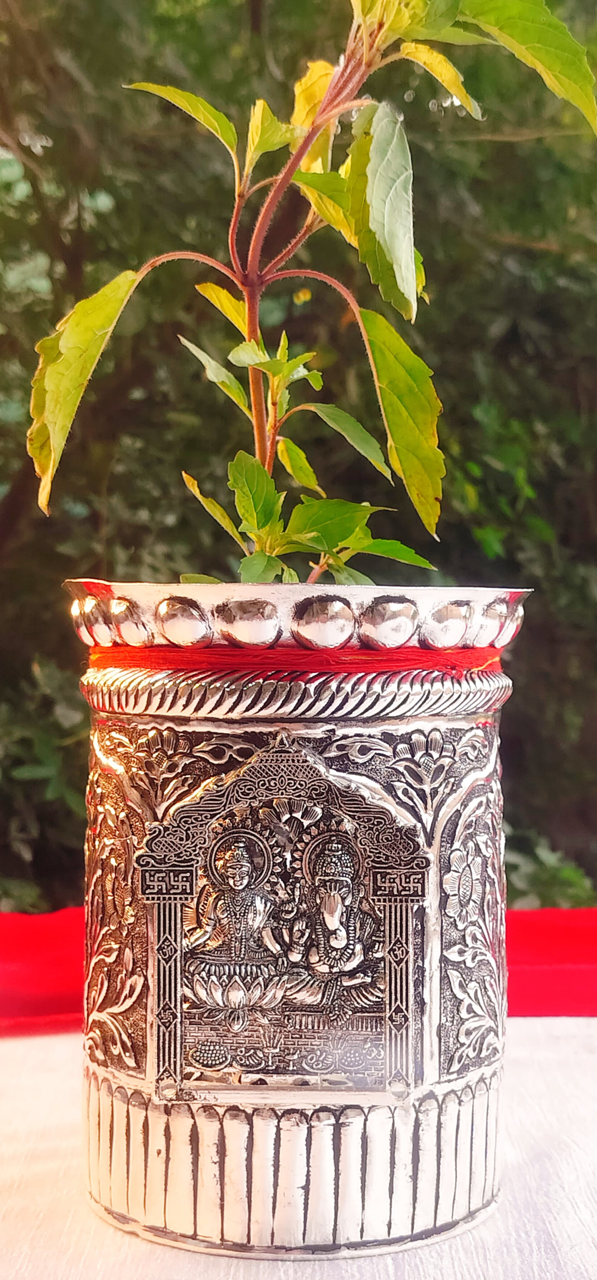 German Silver Laxmi Ganesh with Arch Embossed Round tulsi Pot for Home Decor