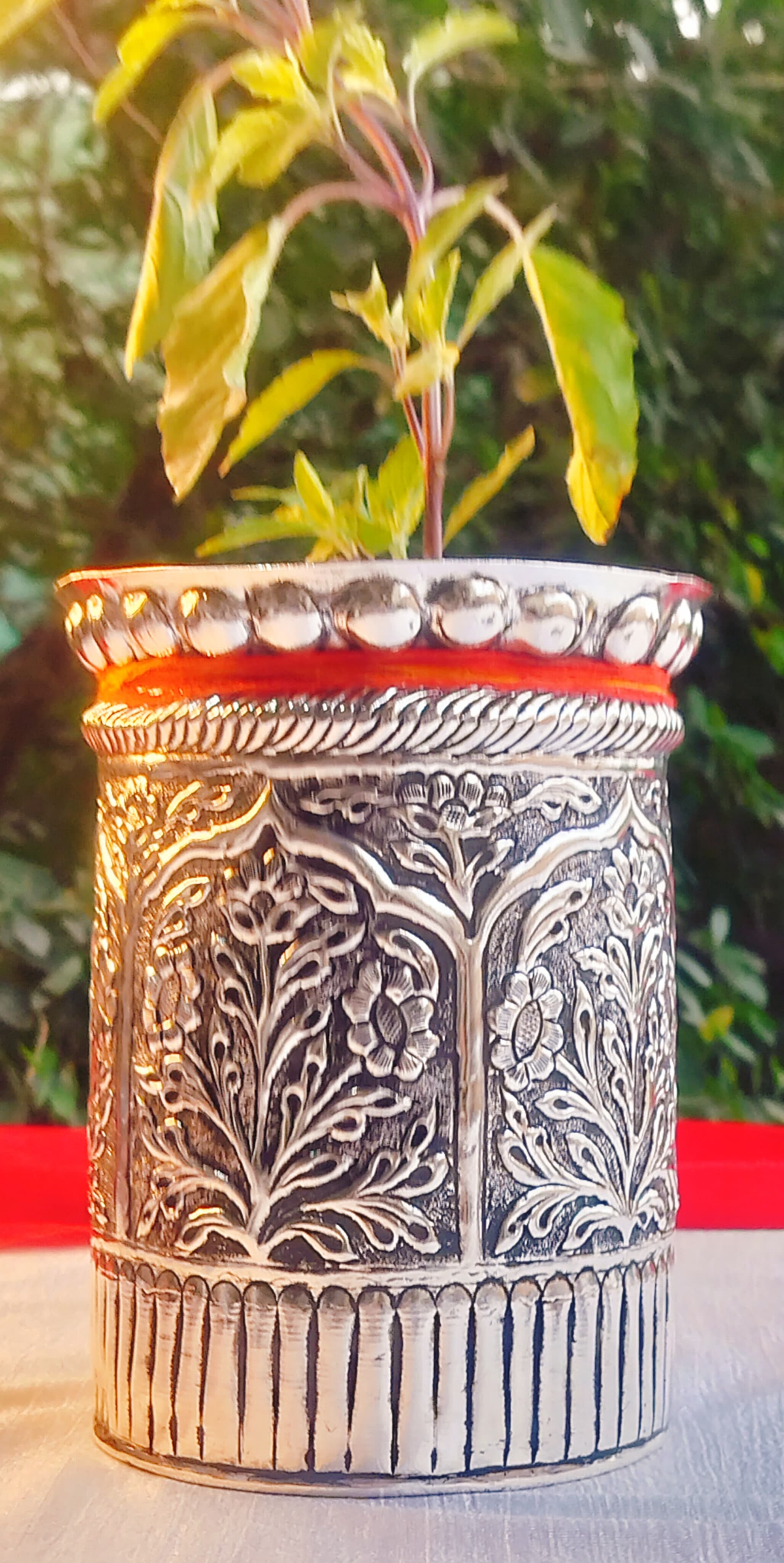 German Silver Laxmi Ganesh with Arch Embossed Round tulsi Pot for Home Decor