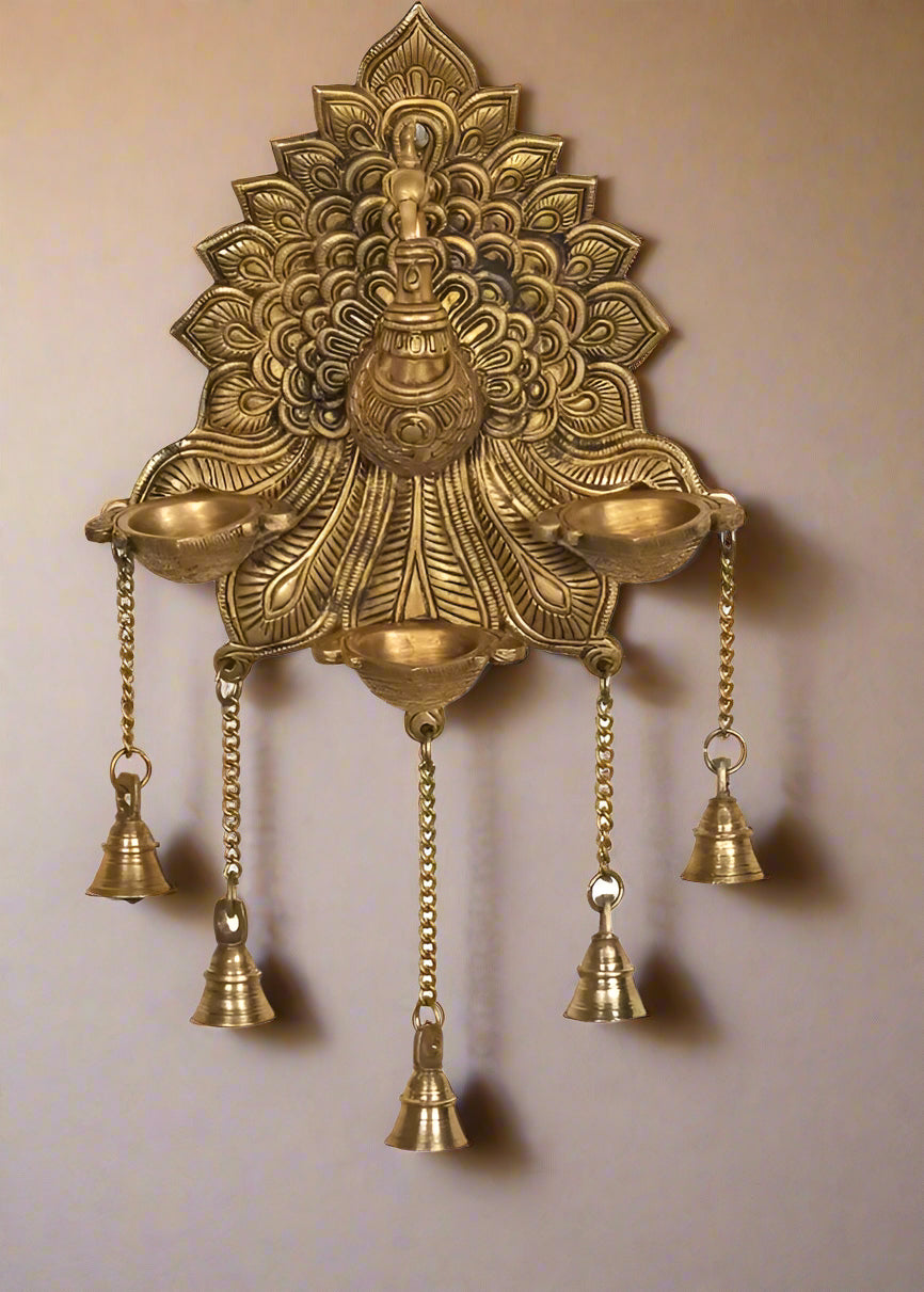 Brass Peacock Wall Hanging Diya with 3 diyas Home Decor Golden Color Gift Item