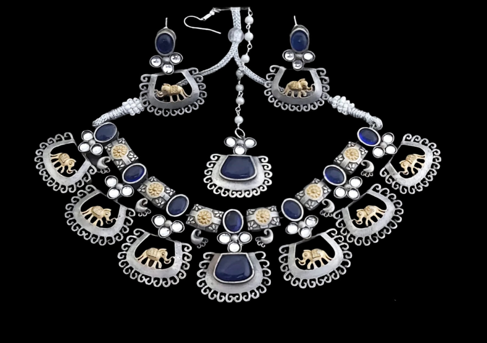 German silver oxidized choker necklace set with matching earrings and maang tika