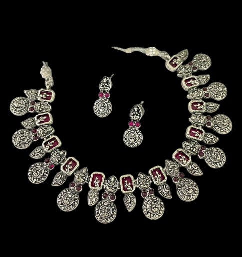 German silver lakshmi choker necklace set with matching earrings