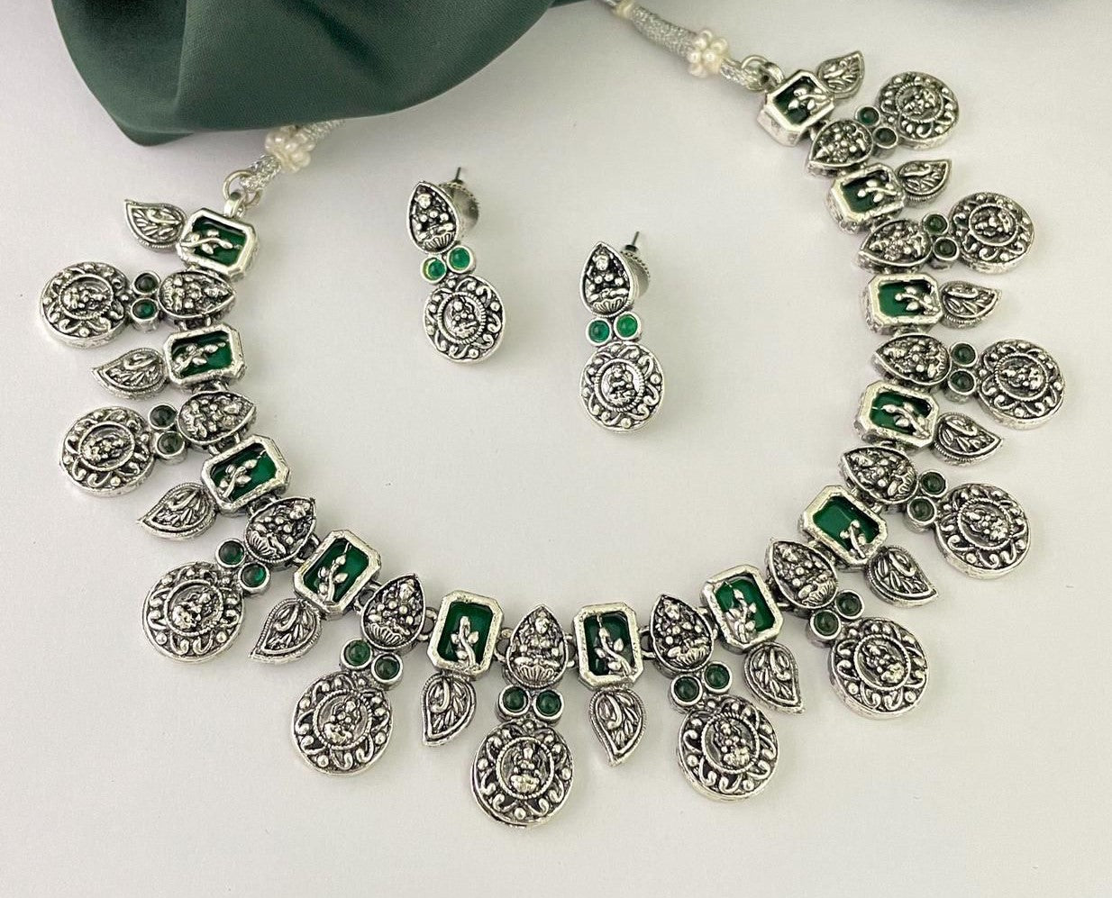German silver lakshmi choker necklace set with matching earrings