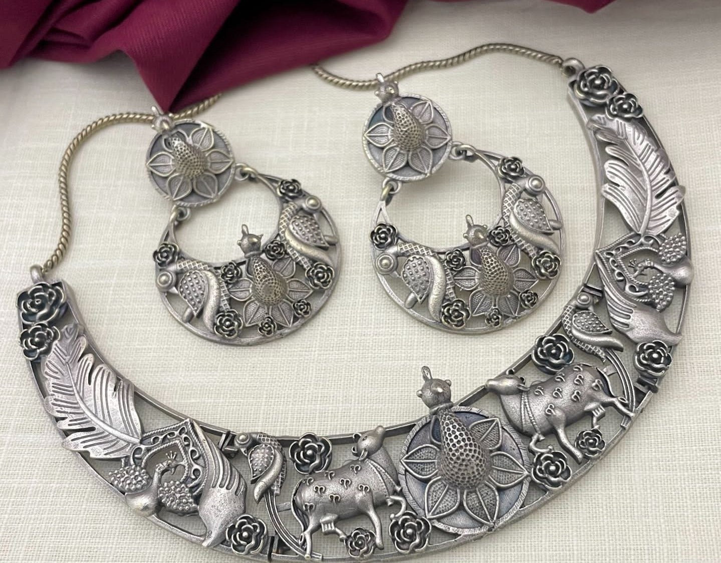 German silver peacock and cow choker necklace set with matching earrings for women