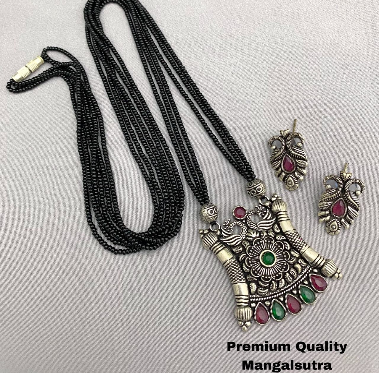 German silver peacock black beaded chain/mangalsutra pendant