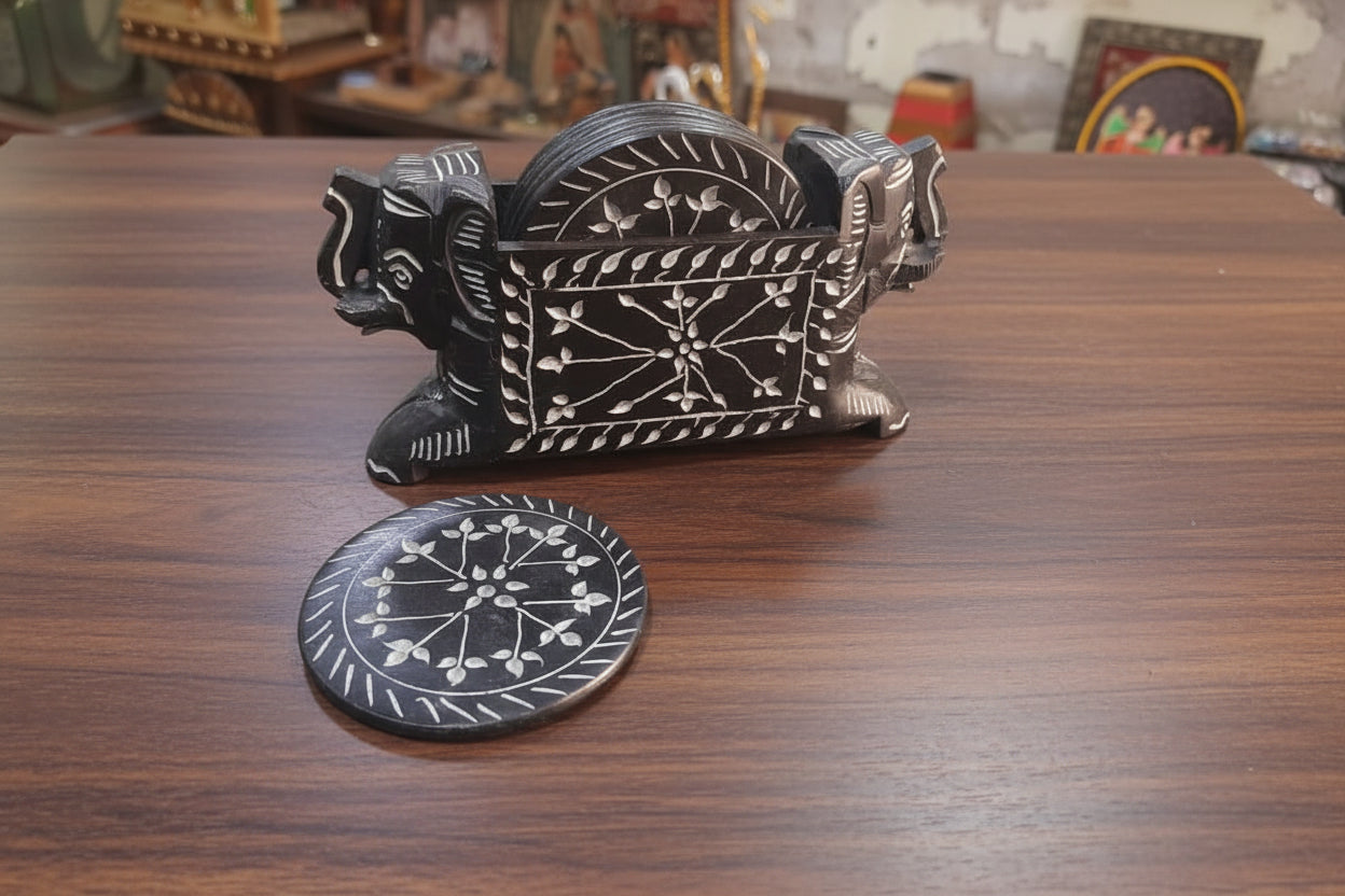 Black Marble Double Elephant Coaster Set, 6 Coasters for Home décor/Gift Item