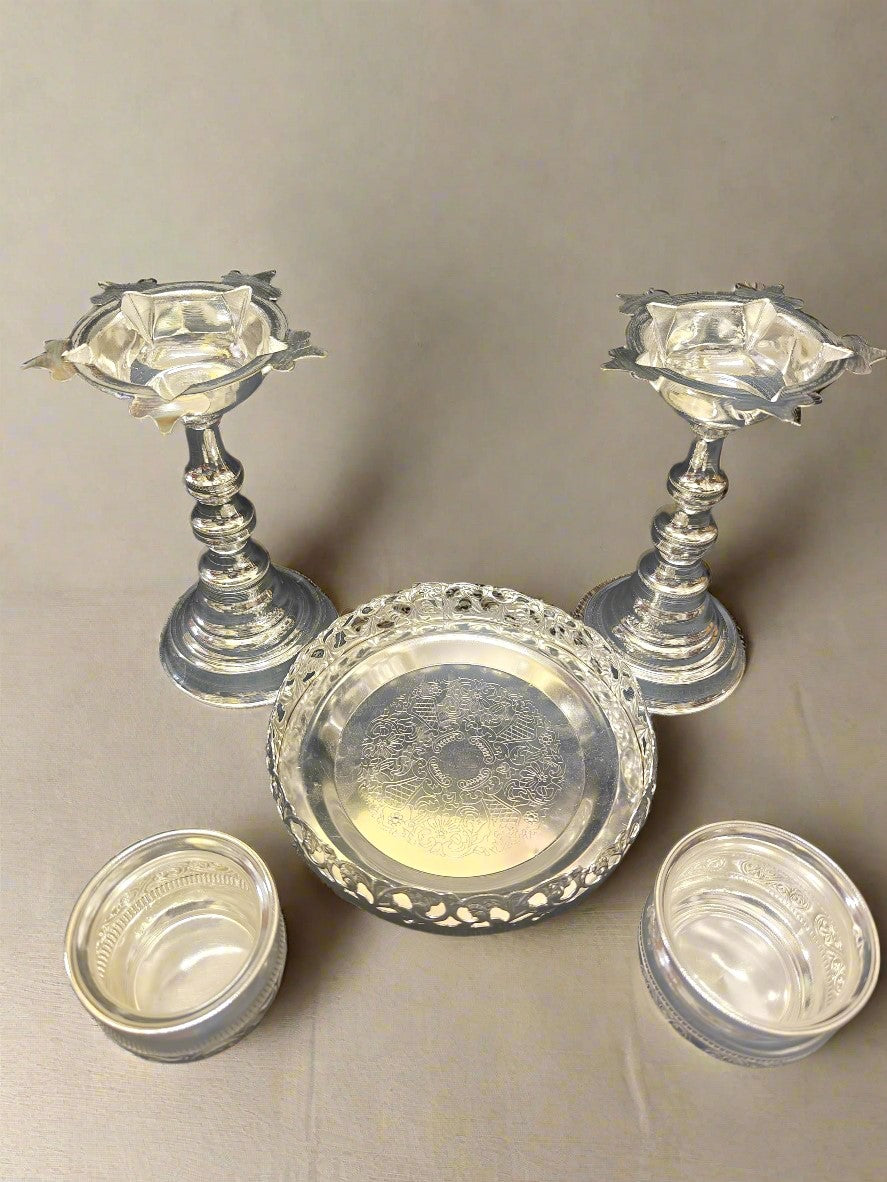 German Silver Pooja thali Set 5 Pieces
