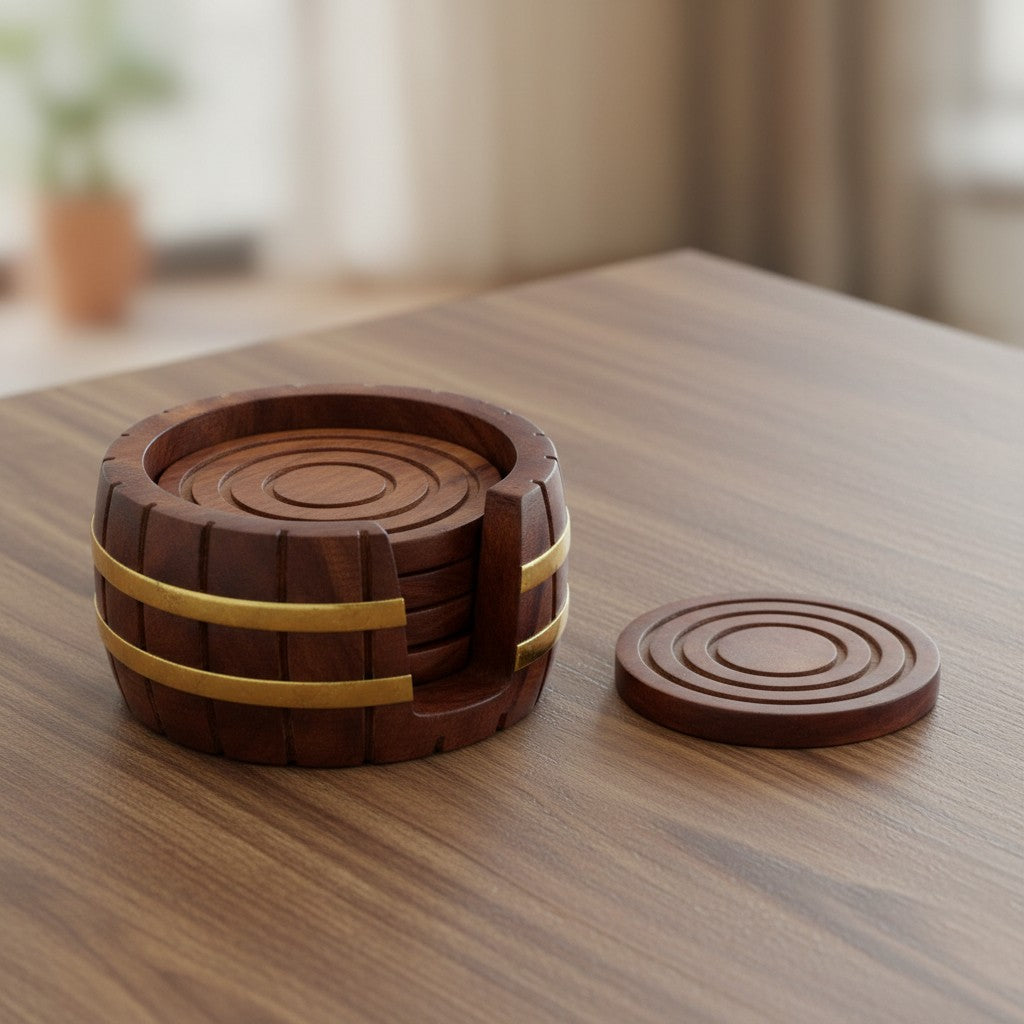 Wooden Barrel Coasters Set of 6 – Lotus Design with Brass Inlay | Tea, Coffee, Beer & Glass Coasters | Rustic Table Décor