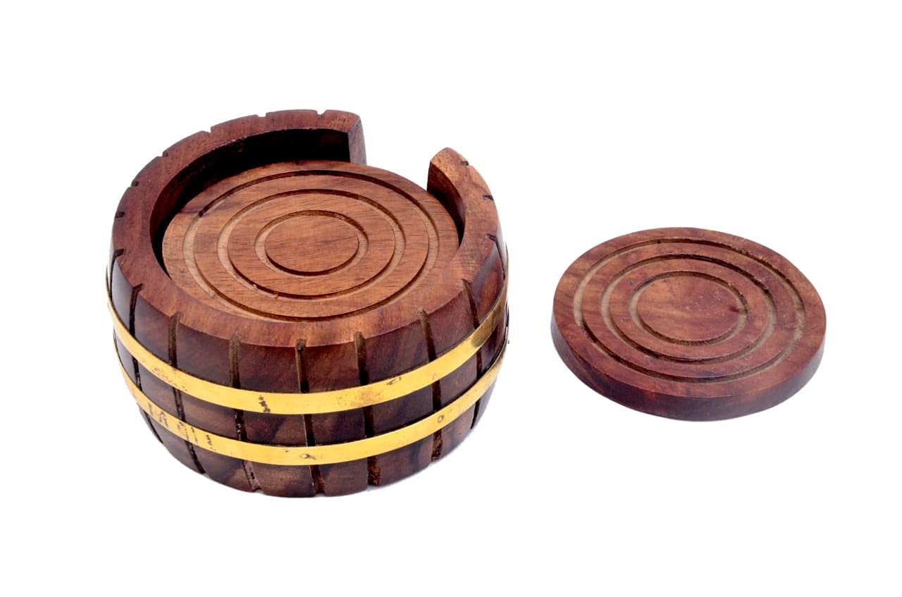 Wooden Barrel Coasters Set of 6 – Lotus Design with Brass Inlay | Tea, Coffee, Beer & Glass Coasters | Rustic Table Décor, set of 2