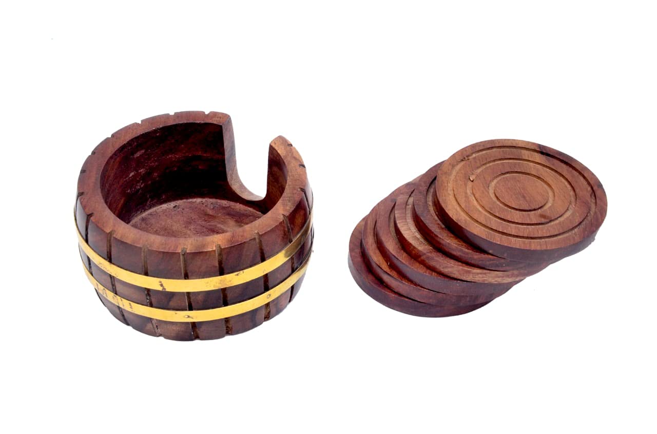 Wooden Barrel Coasters Set of 6 – Lotus Design with Brass Inlay | Tea, Coffee, Beer & Glass Coasters | Rustic Table Décor, set of 2