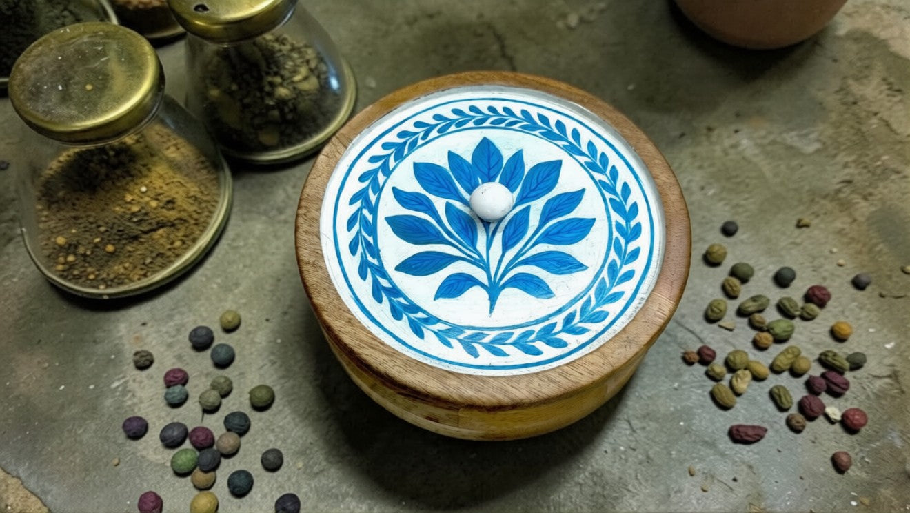 Handmade Mango Wood Spice Box with Resin Top | Hand-Painted Masala Box | Natural Polish Kitchen Organizer | Multipurpose Storage & Gift