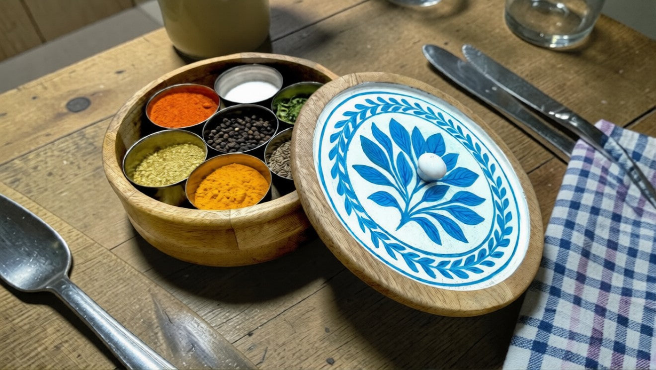 Handmade Mango Wood Spice Box with Resin Top | Hand-Painted Masala Box | Natural Polish Kitchen Organizer | Multipurpose Storage & Gift